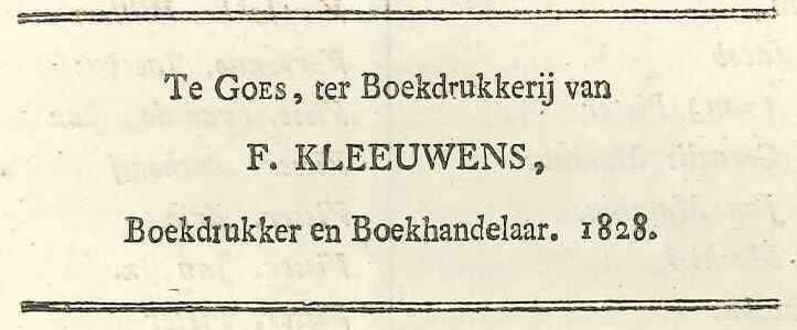 Advertentie van drukker F. Kleeuwens, 1828. GAG.ASG.inv.nr. 2486.