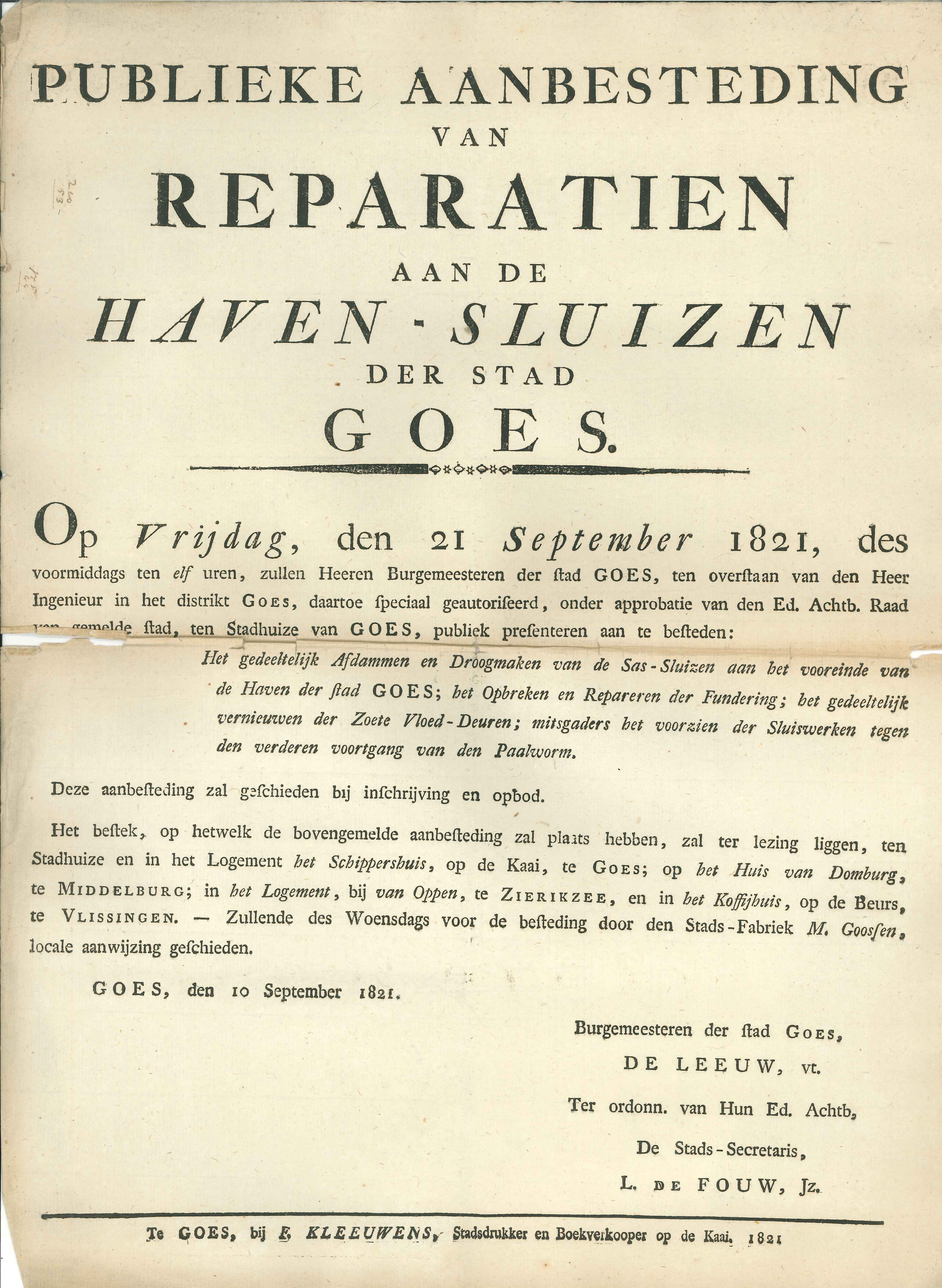 Bekendmaking over de aanbesteding van de reparatie van de sluis, 1821. GAG.ASG.inv.nr. 2405.