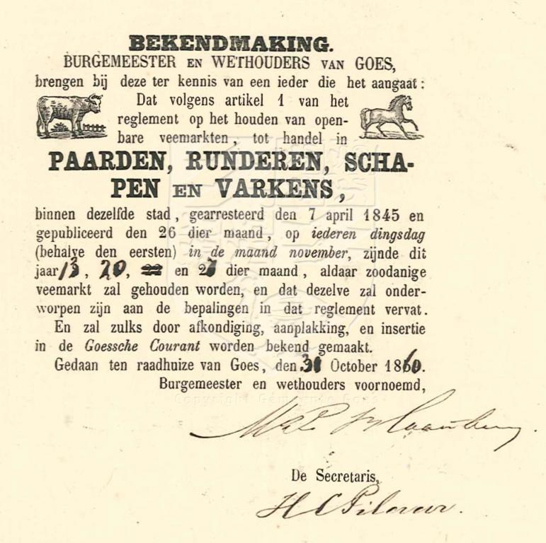 Bekendmaking over drie veemarkten in november, 1860. GAG.AGG.inv.nr. 243, nr. 1095
