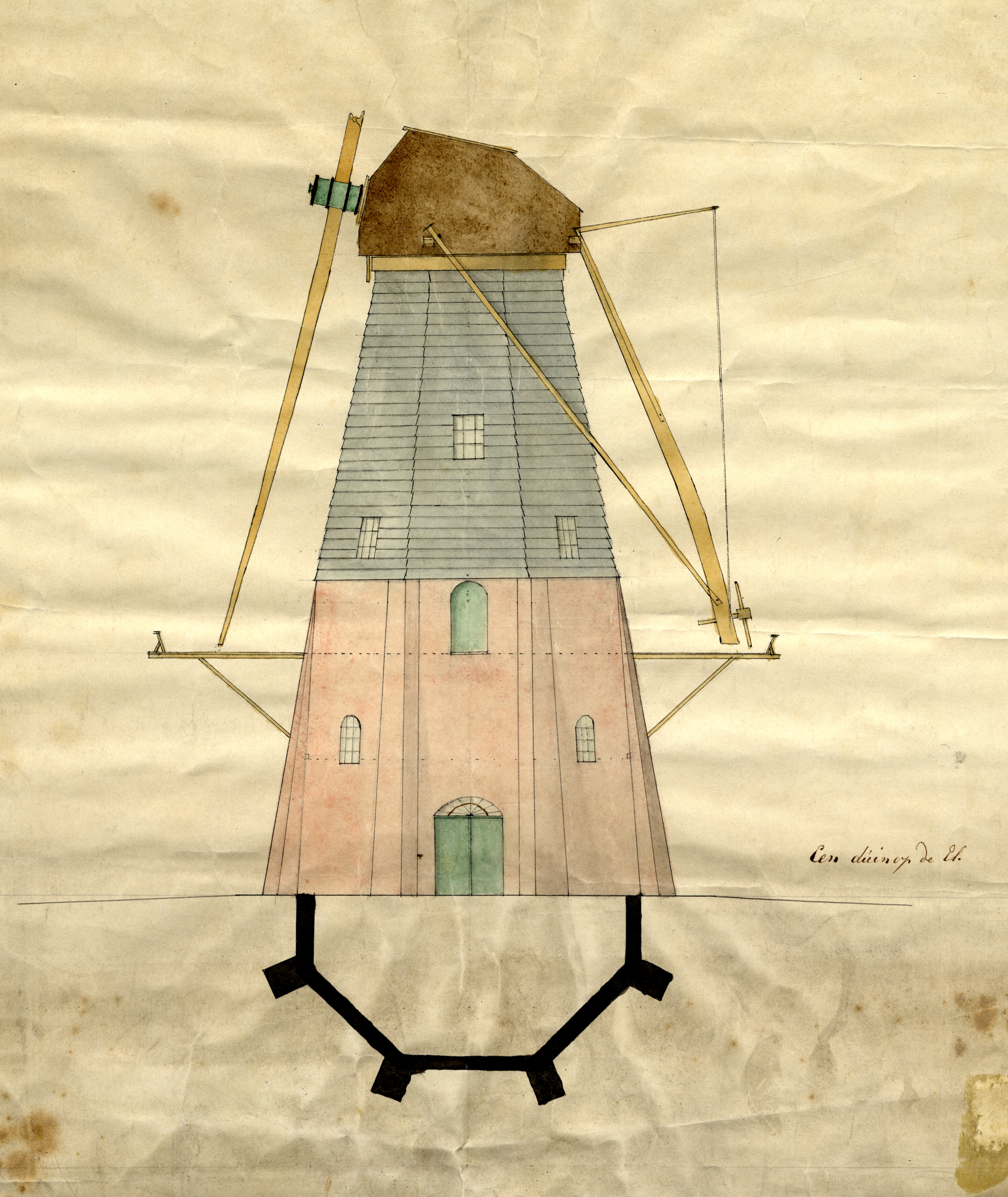 Bouwtekening voor een gortmolen op Ravelijn de Grenadier, ca. 1830.