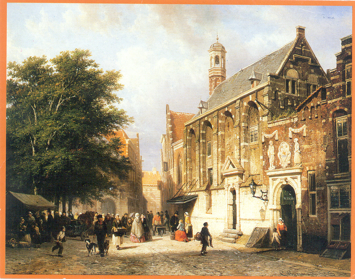 De Singelstraat, met de voormalige kloosterkerk, later wees- en armenschool, C. Springer, ca. 1840. GAG.HTA.