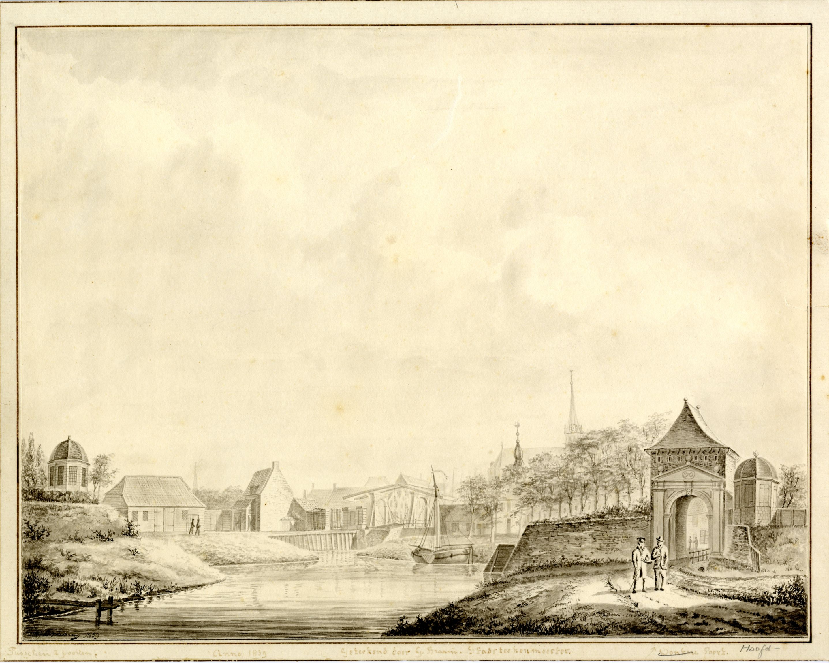  Gezicht op de buitenhaven, gezien naar de stad, tekening door G. Braam, 1839. GAG.HTA.