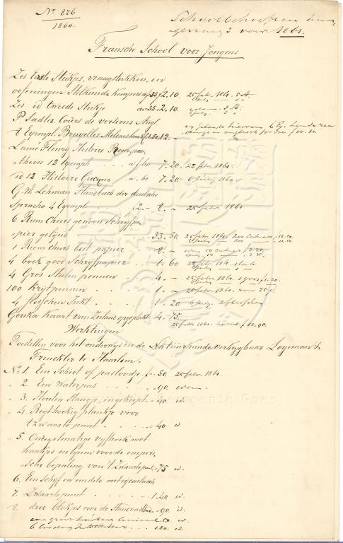 Lijst van aanbevolen leermiddelen voor de Franse Jongensschool, 1860. GAG.AGG.inv.nr. 241, nr. 876