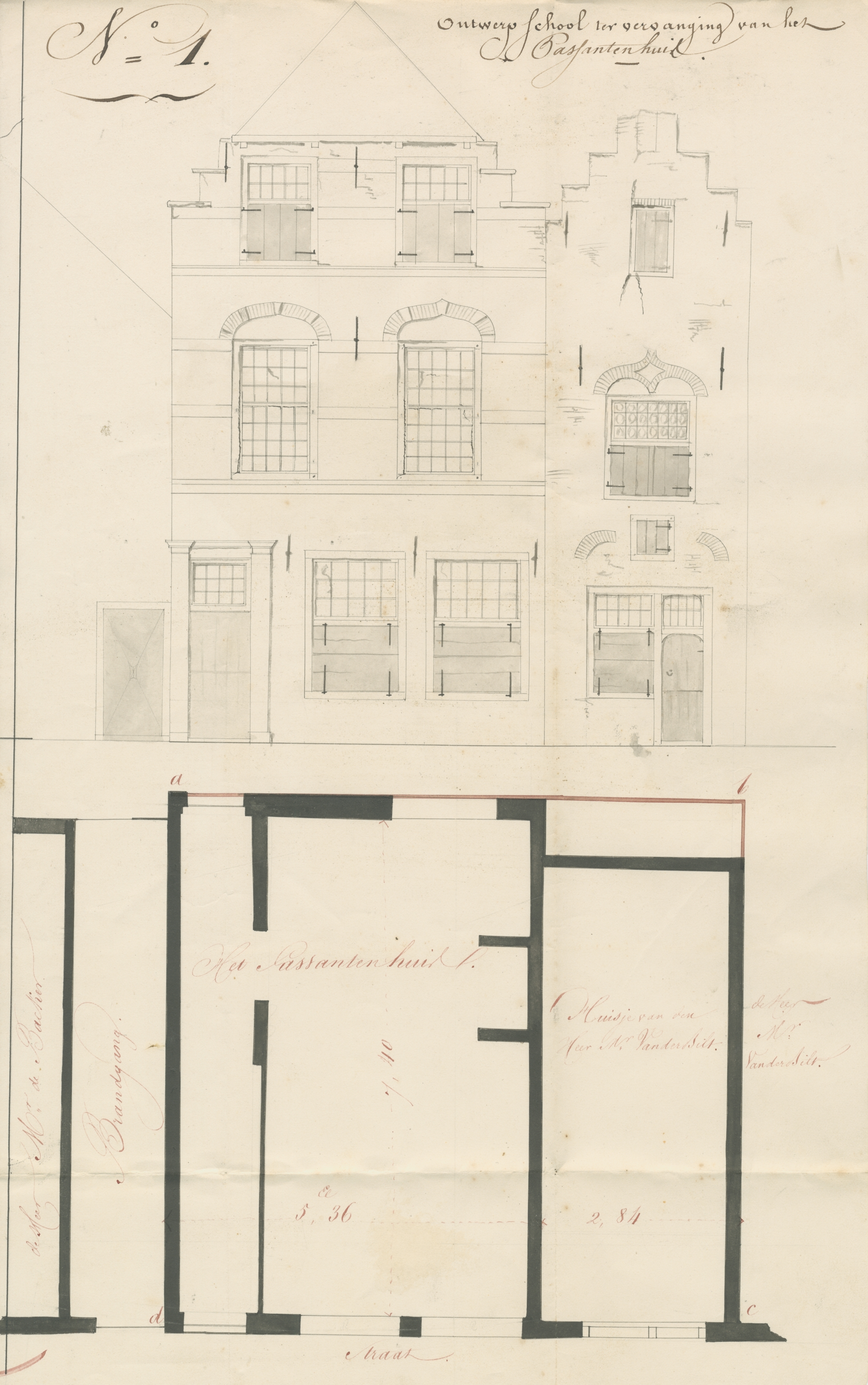 Opmeting van het oude Passantenhuis, Wijngaardstraat 7, voor de bouw van een school, 1842. GAG.ASG.inv.nr. 574.2, nr 857.