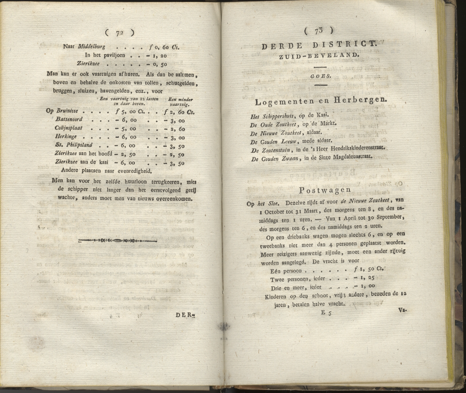 Overzicht van veerdiensten en postwagens vanaf Goes, 'Wandelingen',  De kanter en Dresselhuis, 1823. GAG. HB.