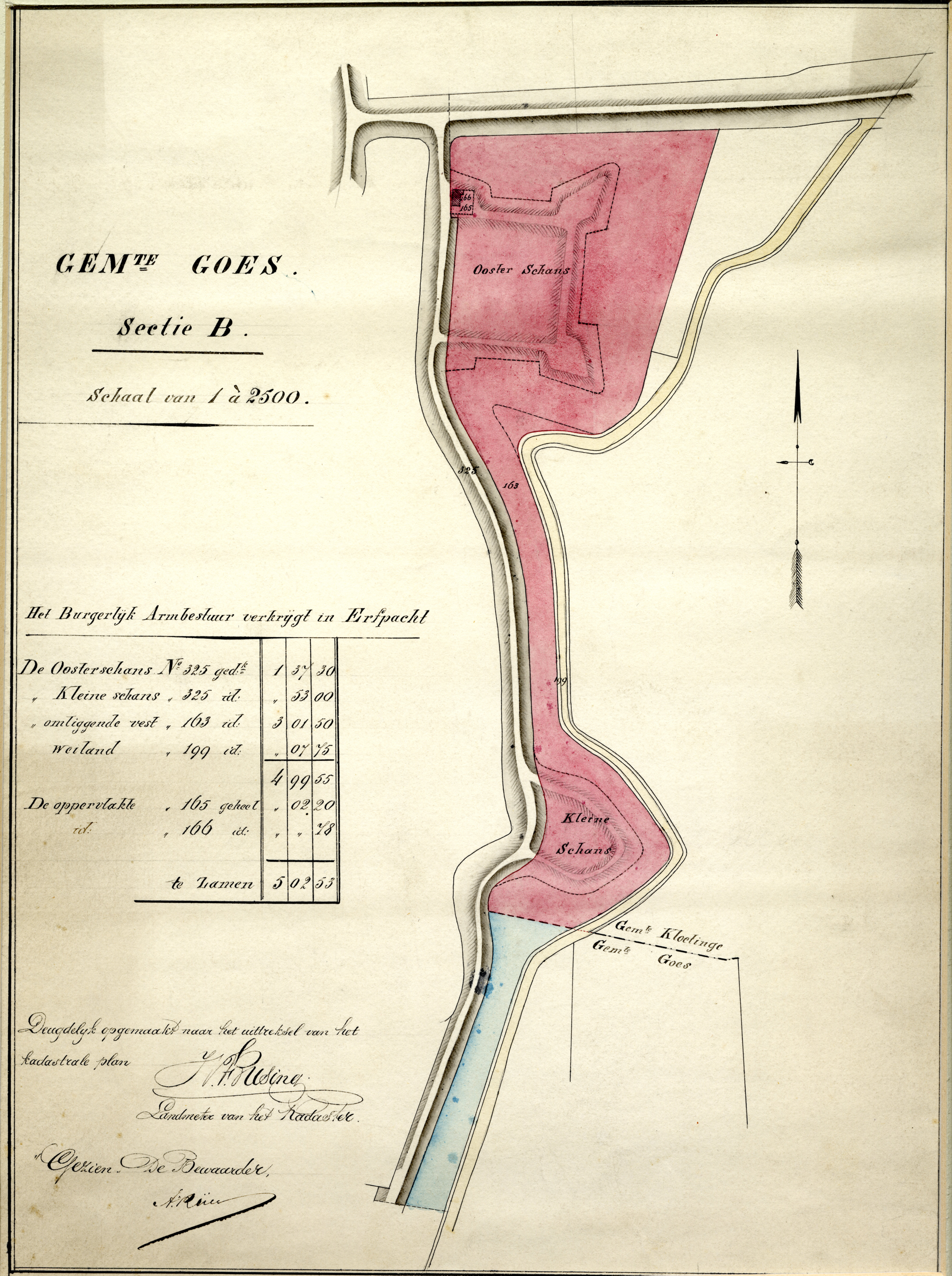 Plattegrond van de door het Burgerlijk Armbestuur in erfpacht te nemen grond bij de Oostschans, 1840. GAG.HTA.