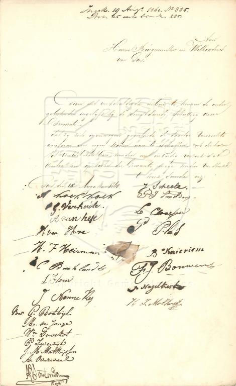 Rekest van leden van de schutterij voor gemeente-uniformen, 1860. GAG.AGG.inv.nr. 241, nr. 885