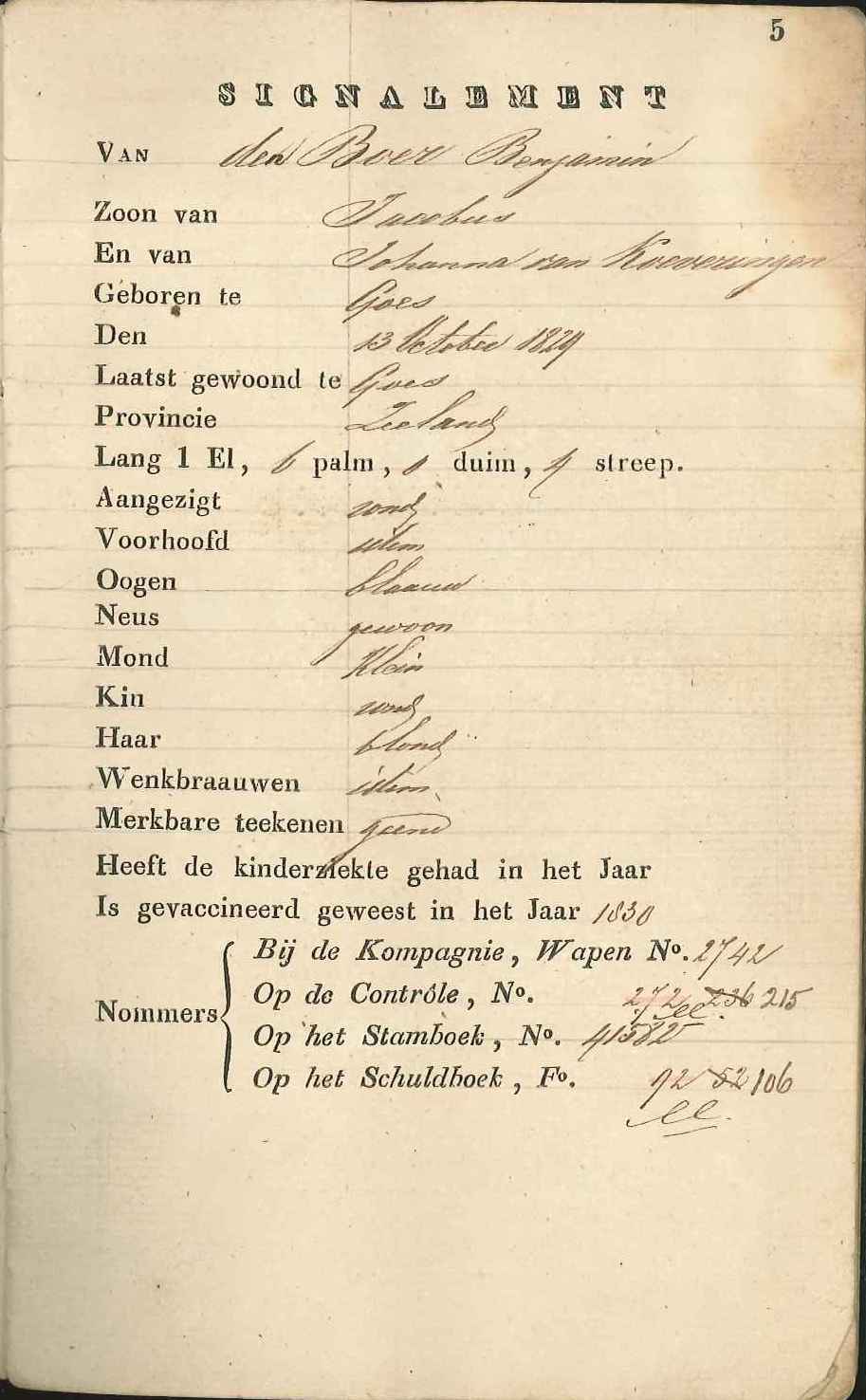 Signalement van Benjamin den Boer uit diens militair zakboekje, 1852. GAG.Hsv.inv.nr. 490.