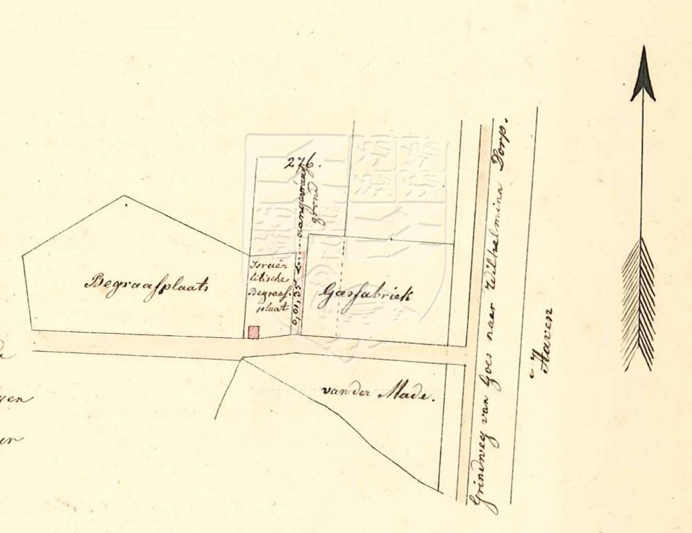 Situatieschets van de uitbreiding van de Joodse begraafplaats op sectie A 276, 1859. GAG.AGG.inv.nr. 233, nr. 1266