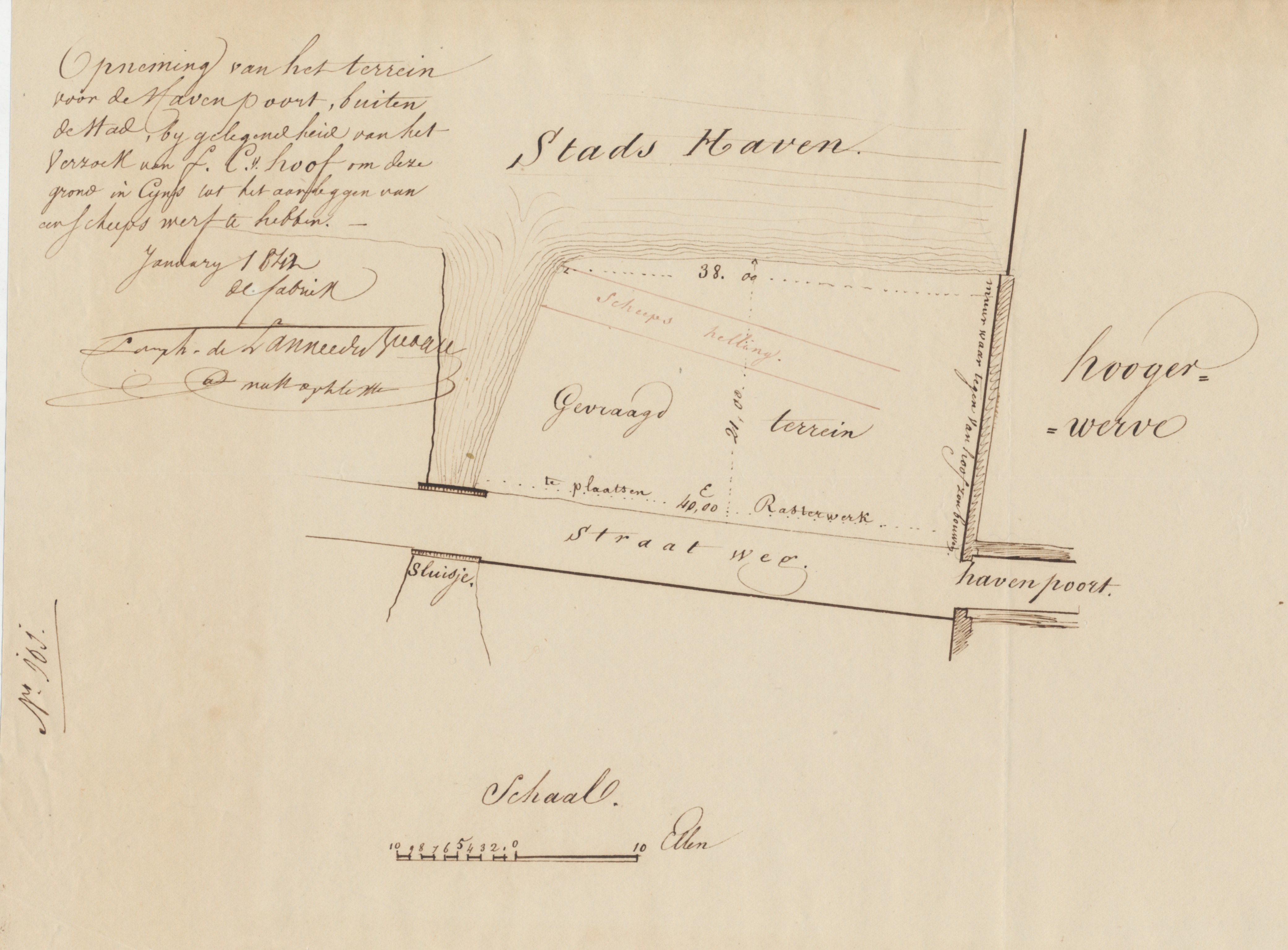 Tekening van de situatie bij de Nieuwe Havenpoort ten behoeve van een scheepshelling, 1842. GAG.ASG.inv.nr. 571.2, volgnr 101.