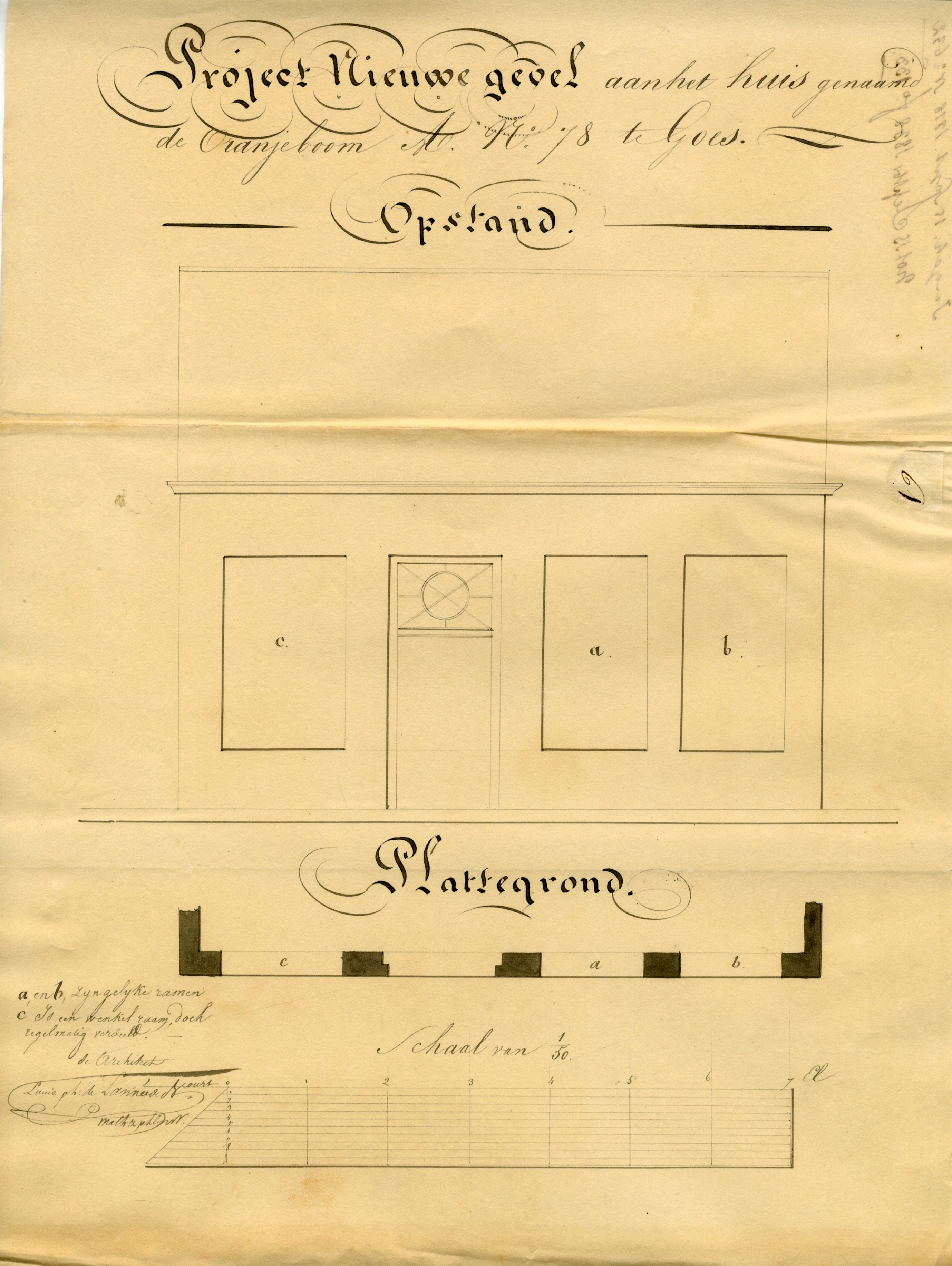 Tekening van de verbouwing van Wijngaardstraat 24, De Oranjeboom, 1838. GAG.ASG.inv.nr. 555, nr. 632.