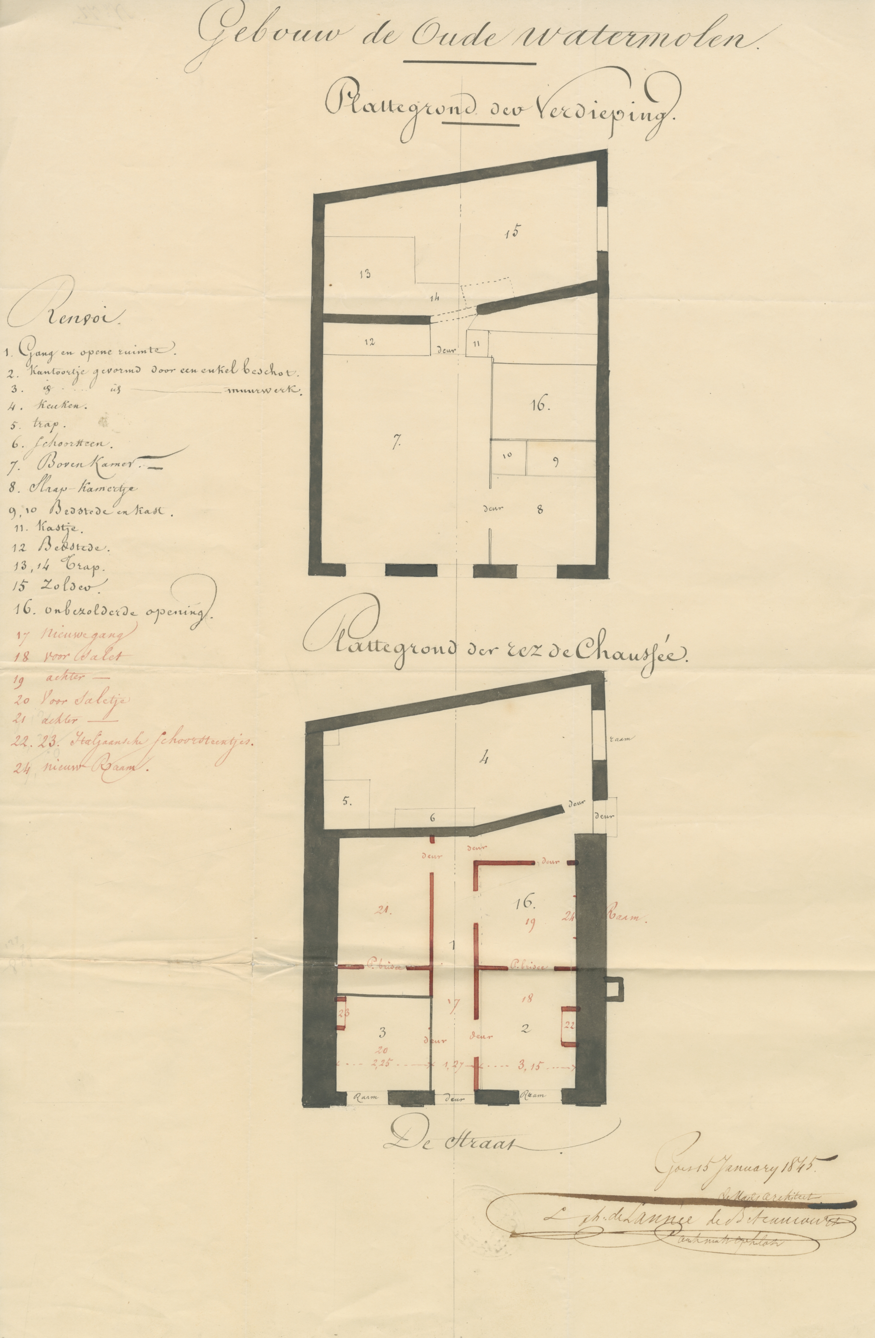 Tekening van de verbouwing van de bovenverdieping van de voormalige watermolen aan de Kleine Kade, 1845. GAG.ASG.inv.nr. 585.1, nr. 77.