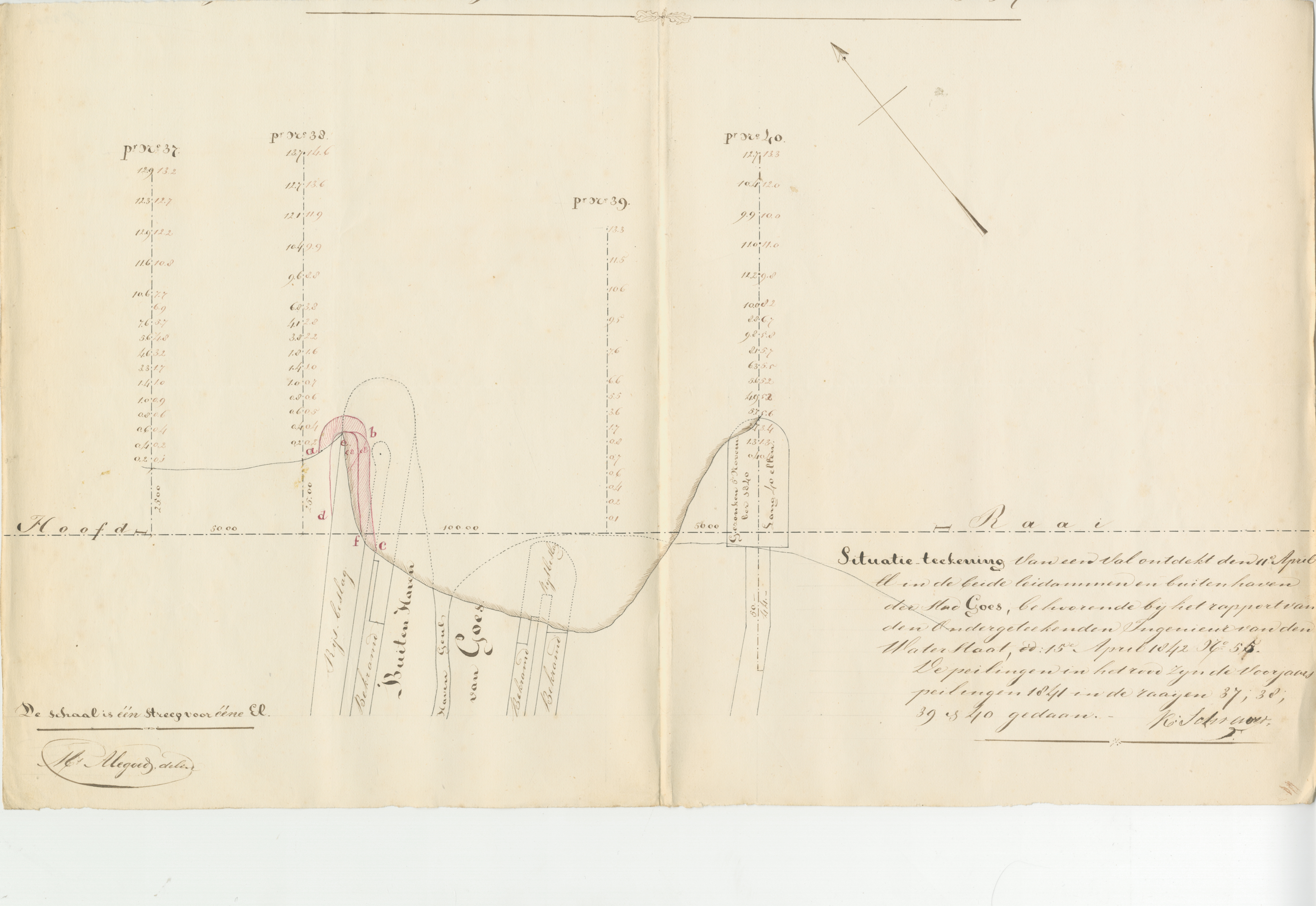Tekening van een dijkval in de buitenhaven, 1842. GAG.ASG.inv.nr. 572.1, nr 370.