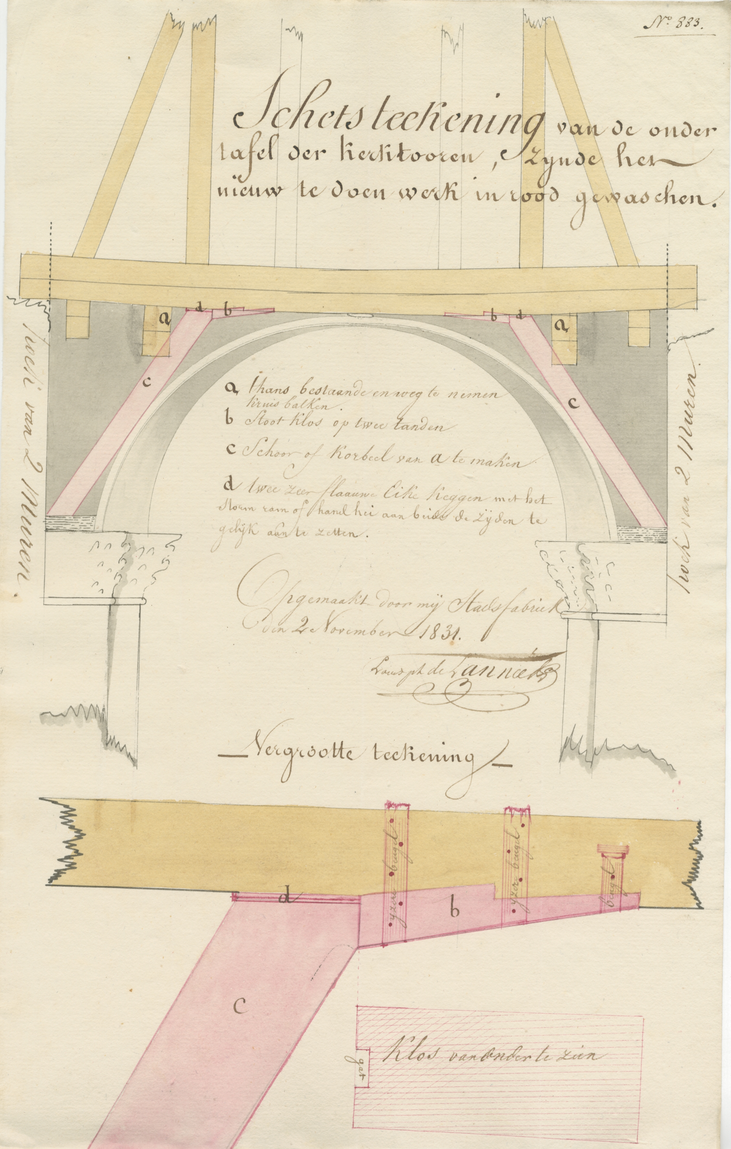 Tekening van het herstel van de draagbalken van de kerktoren, 1831. GAG.ASG.inv.nr. 525.2, nr. 883.