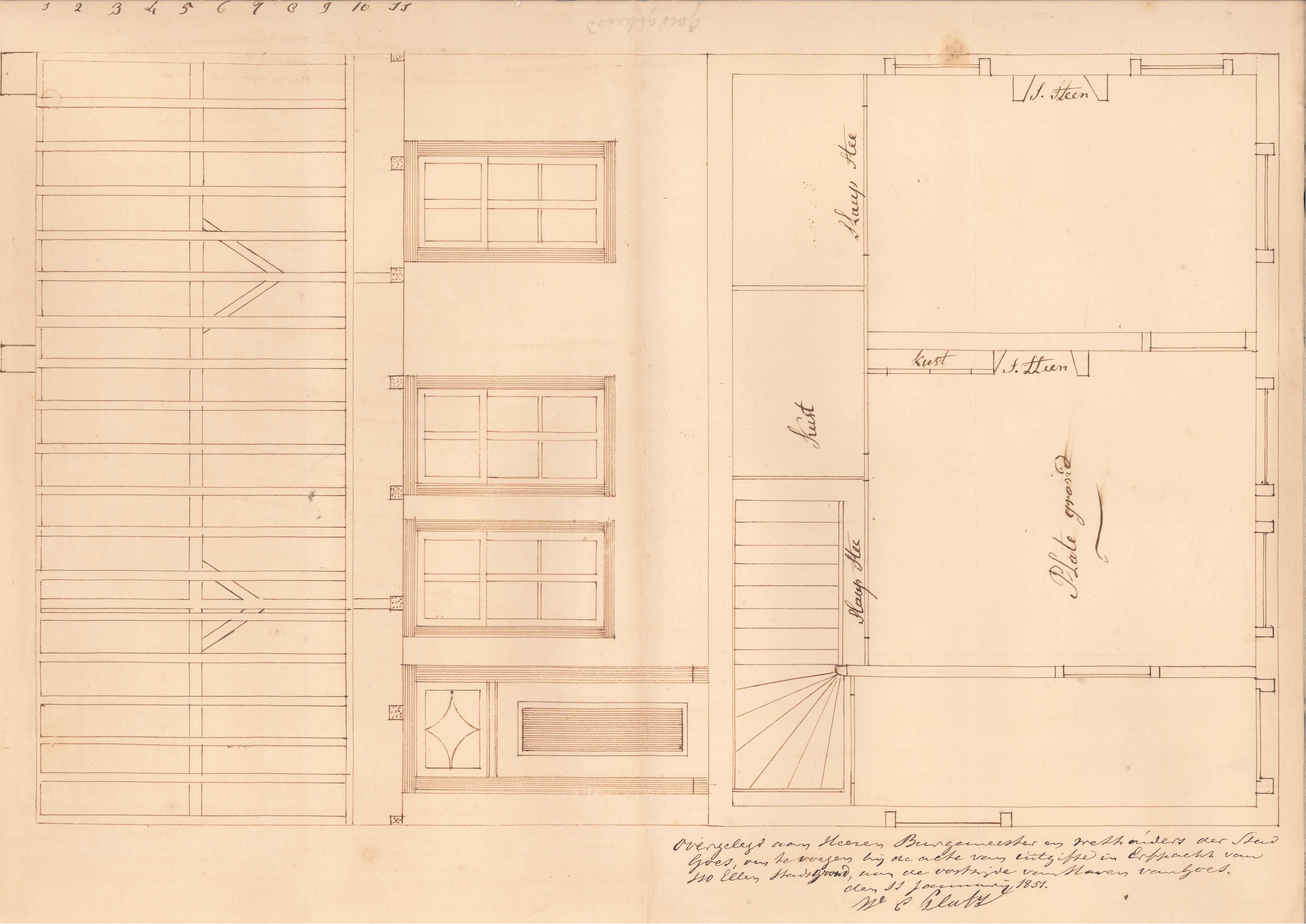  Tekening voor het bouwen van een huis aan de oostzijde van de haven, 1851. GAG.HTA.