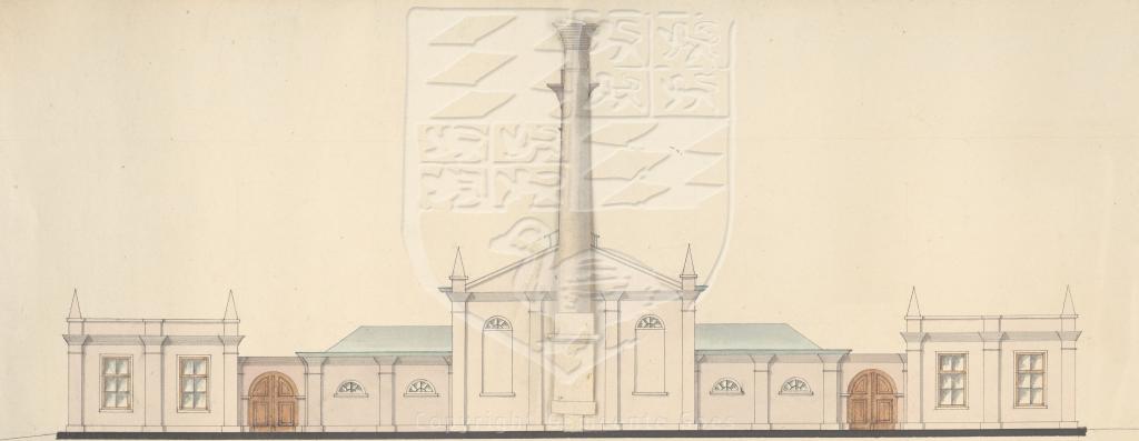 Voorgevel van de gasfabriek, detail van de tekening, 1859. GAG.HTA.