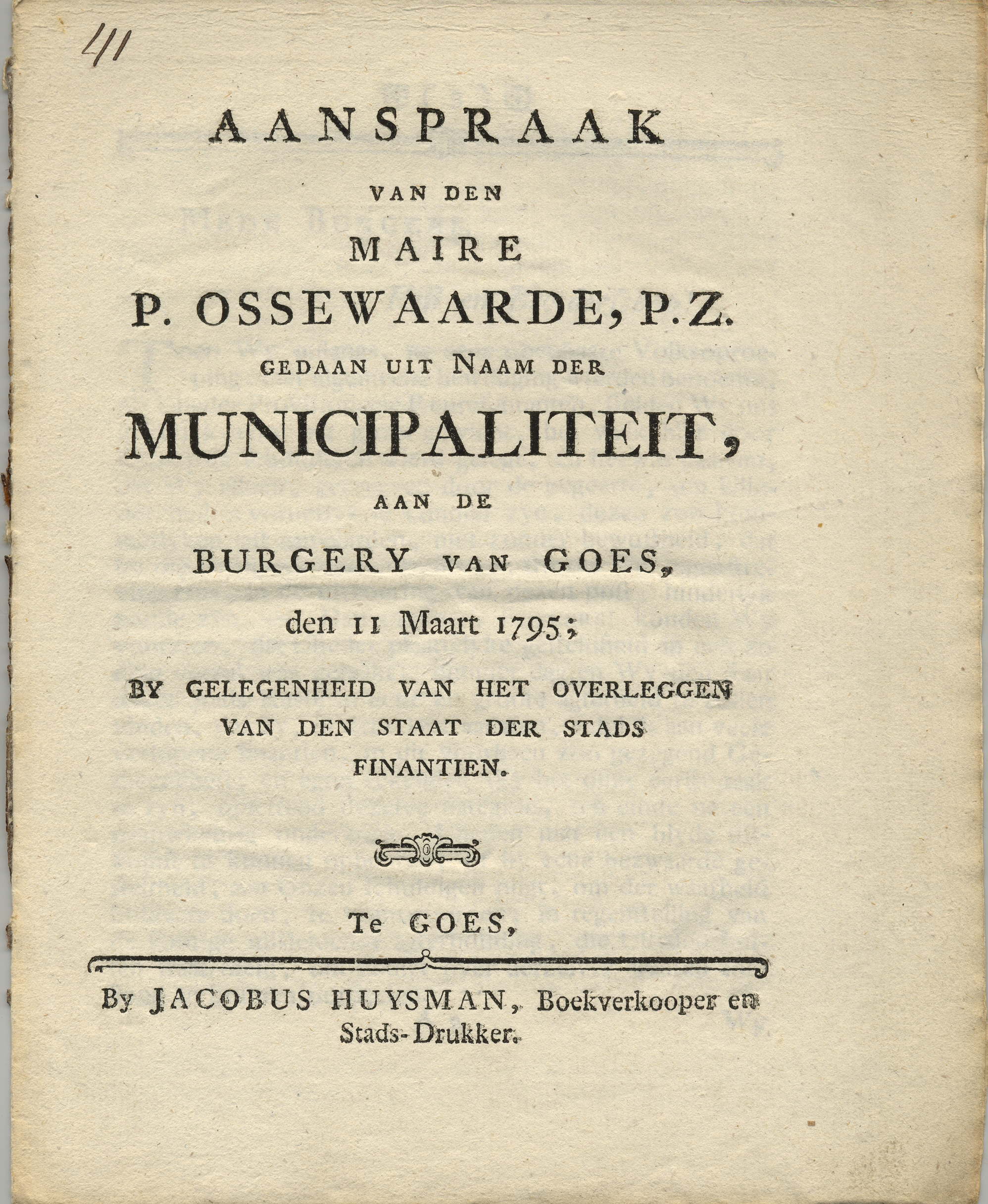 Verklaring over de stadsfinancien door maire P. Ossewaarde Pz., 1795.