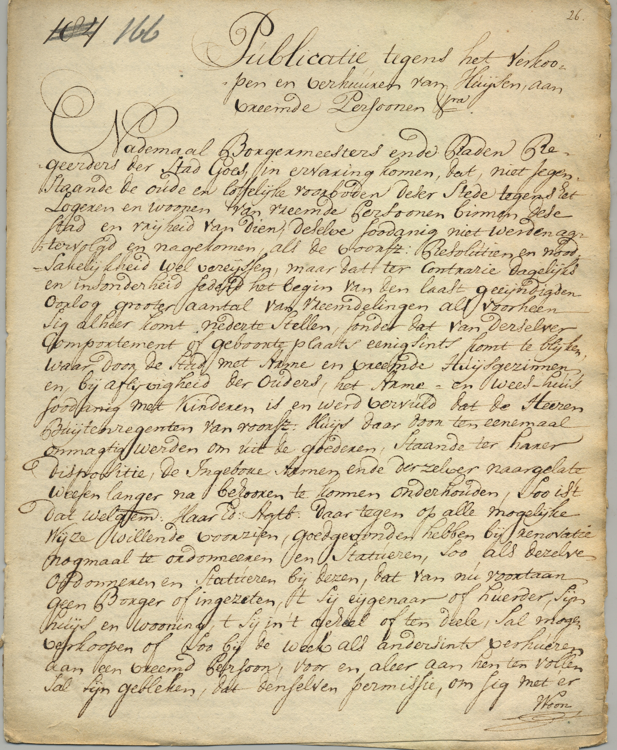 Publicatie tegen het verkopen en verhuren van huizen aan vreemdelingen, 1756.