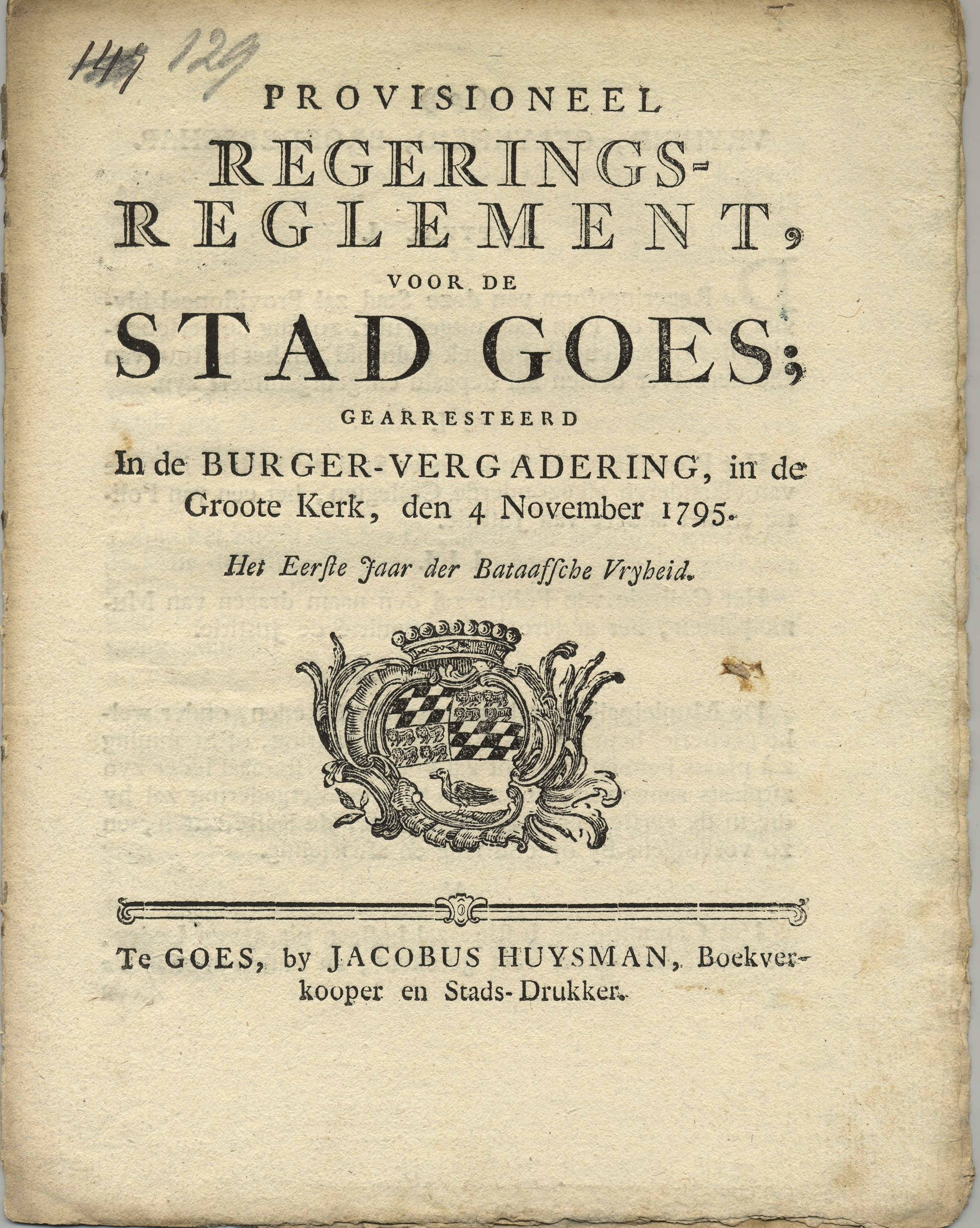 Titelblad van het voorlopig reglement op het stadsbestuur, 1795.