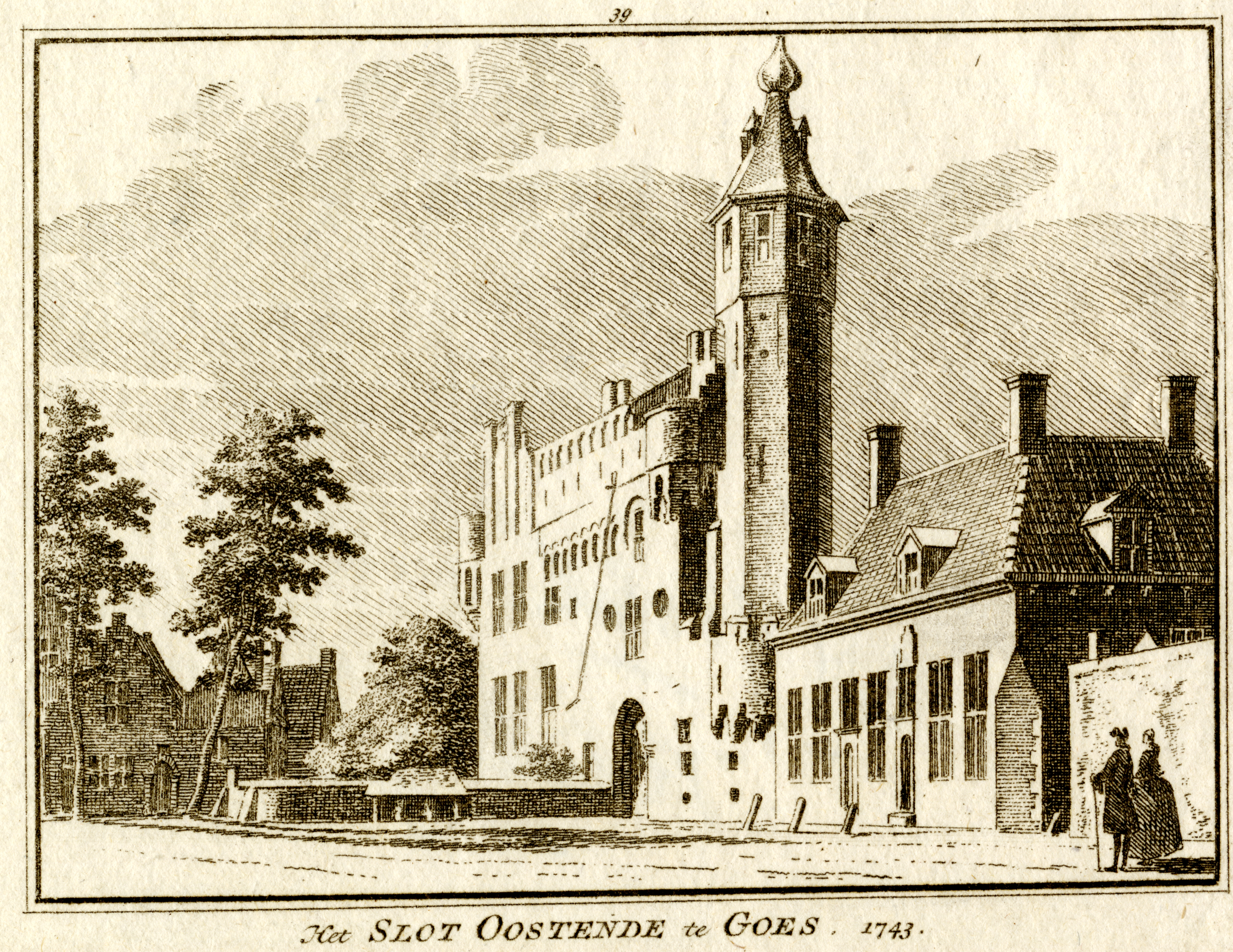 Slot Oostende met rechts de onderwijzerswoning, 1750.