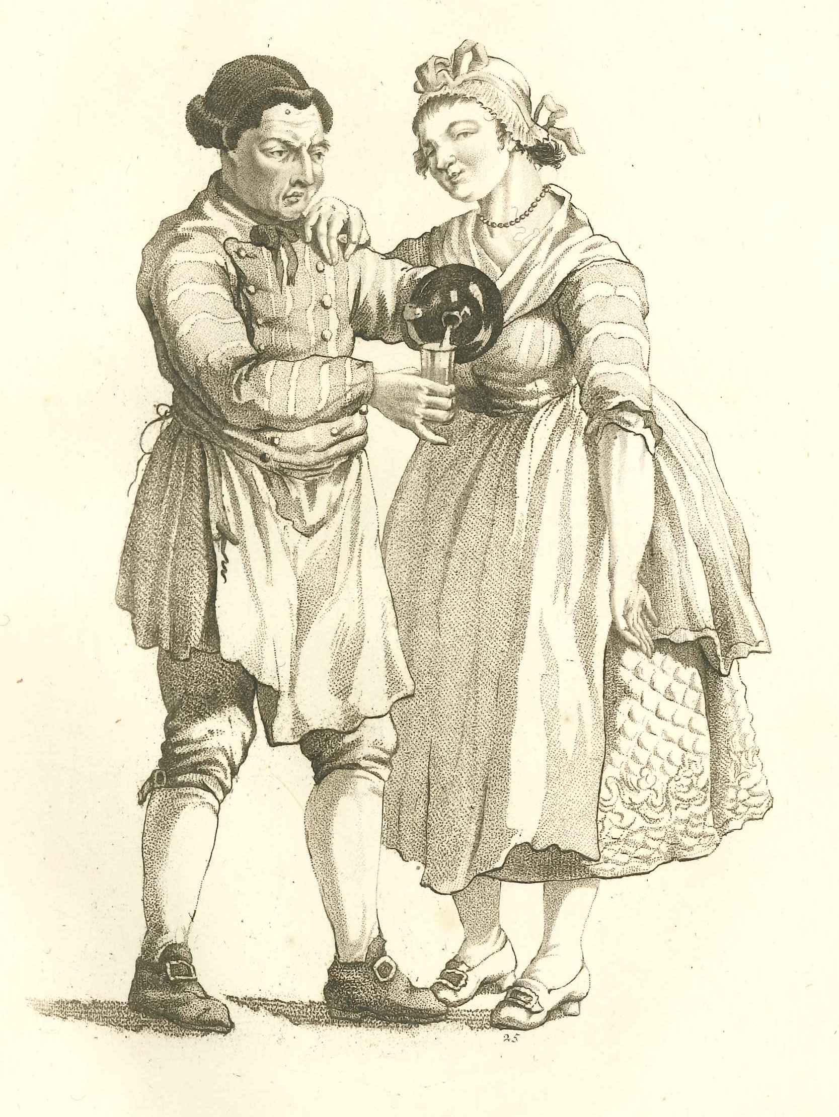 Herbergier schenkt glas in, ca. 1800.