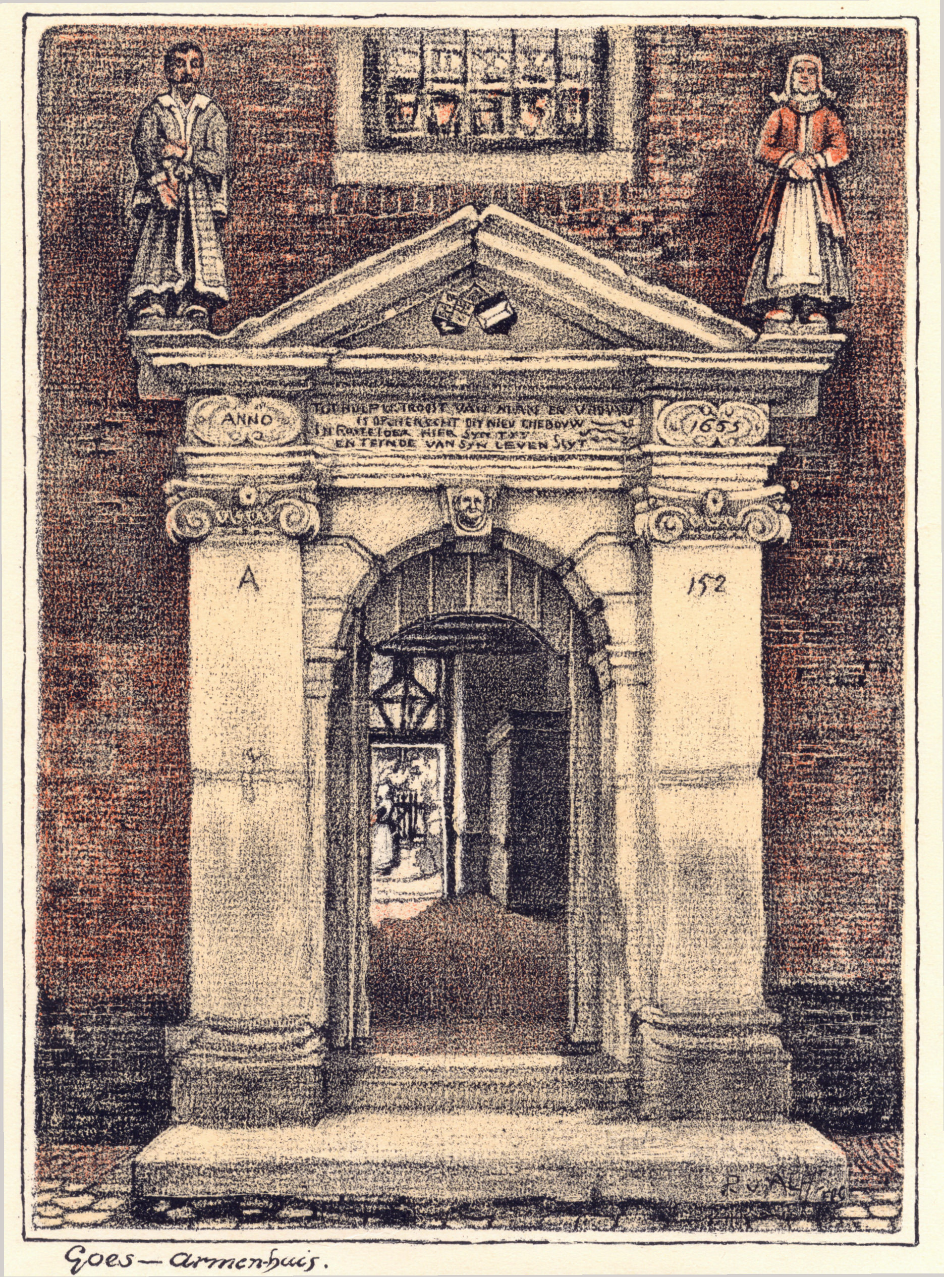 Tekening van de ingang van het Manhuis, 1920. 