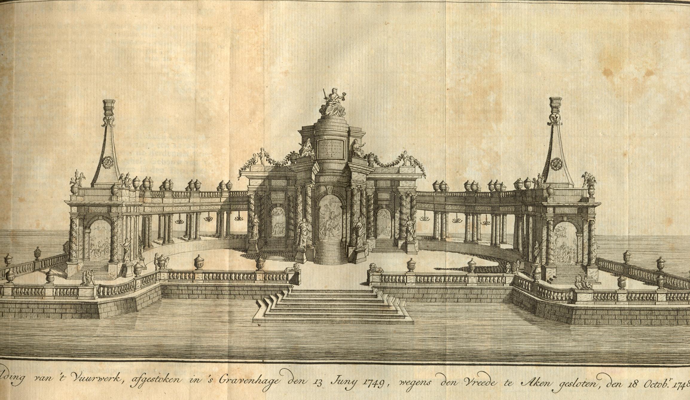 Vuurwerk in Den Haag wegens de vrede van Aken, 1749.