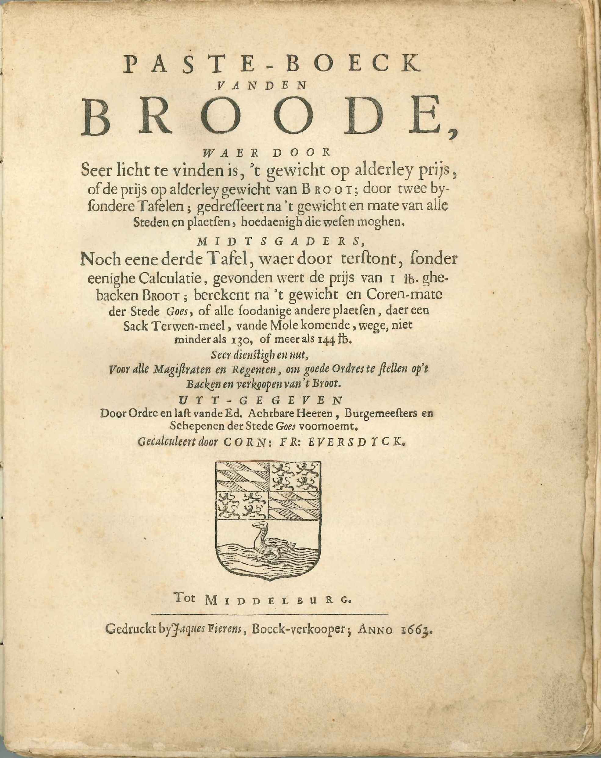 Titelblad van het Pasteboeck van den Broode, 1663.