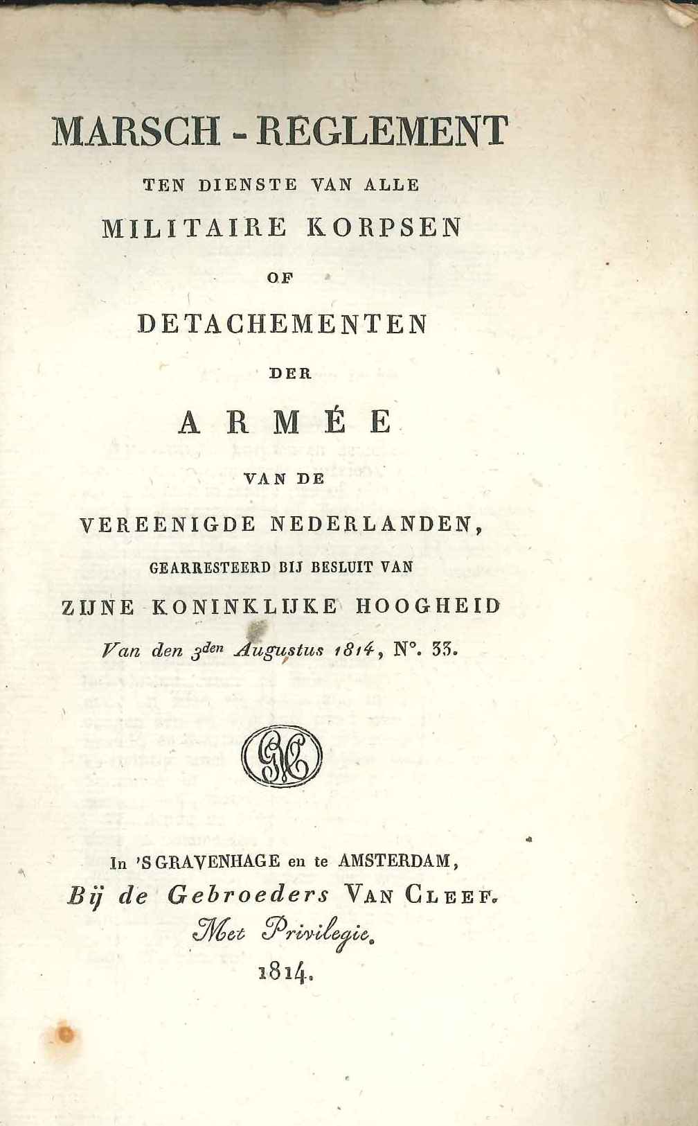 'Marsch reglement' voor het leger, 1814.