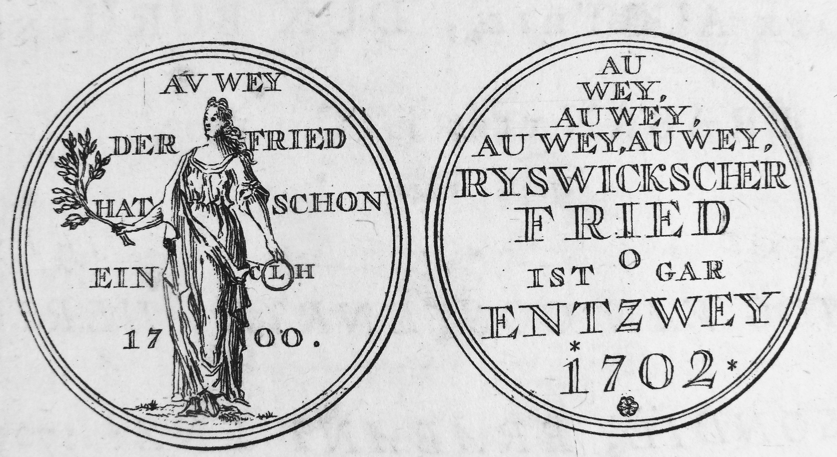 Gedenkpenning op het verbreken van de Vrede van Rijswijk, 1702.
