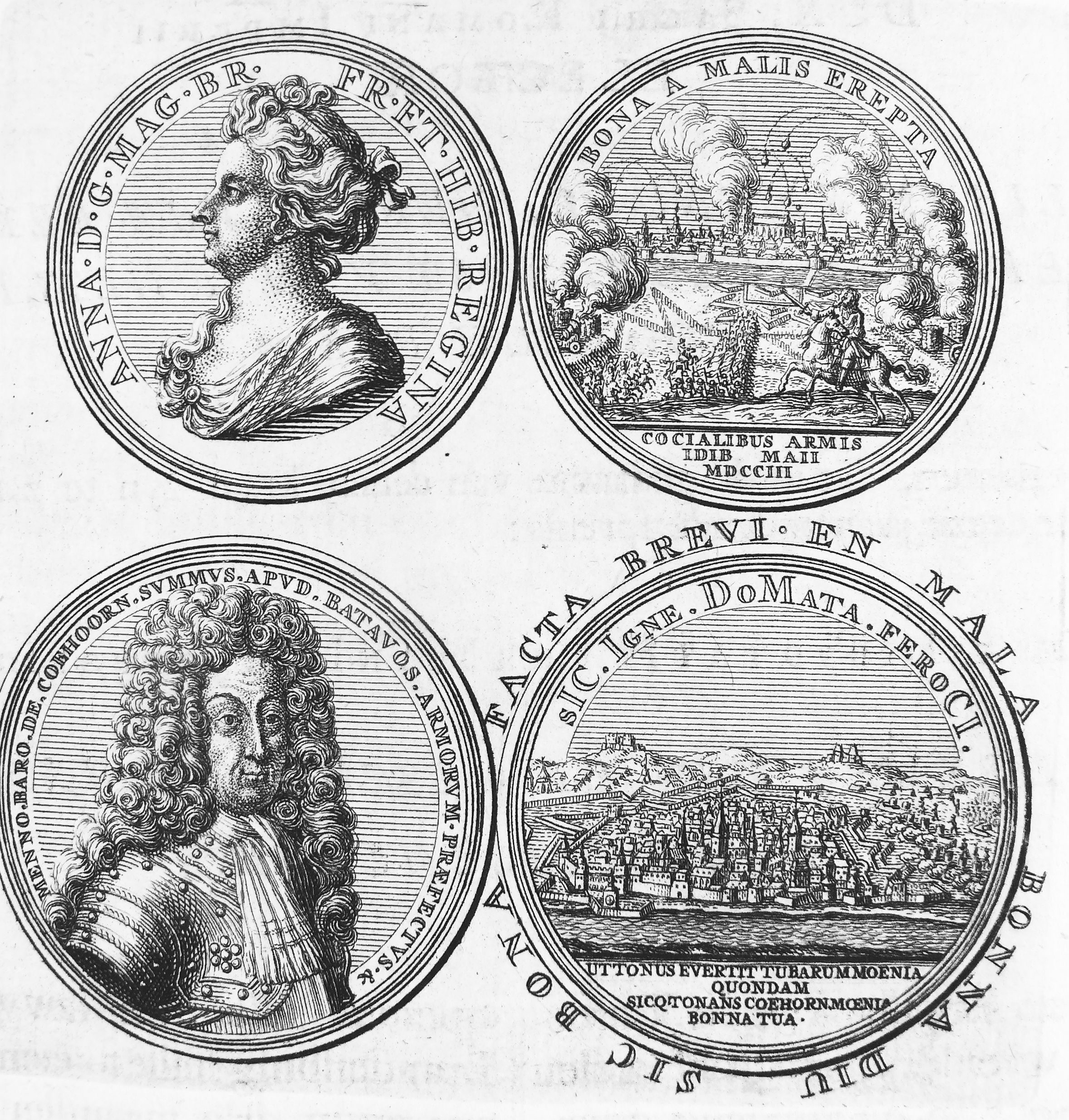 Gedenkpenning op de verovering van Bonn door Anna van Engeland en Menno van Coehoorn, 1703.