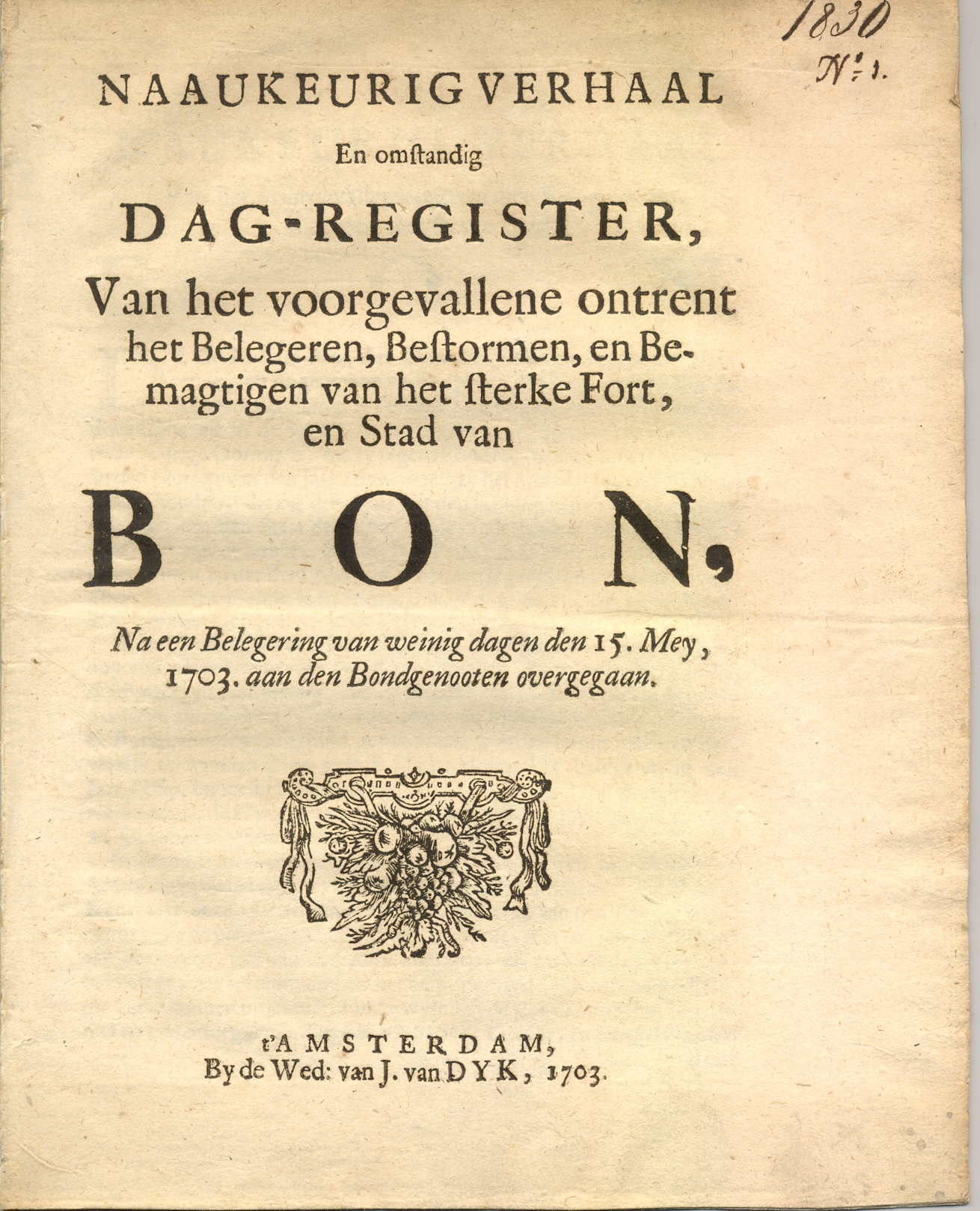 Pamflet over de verovering van Bonn, 1703.