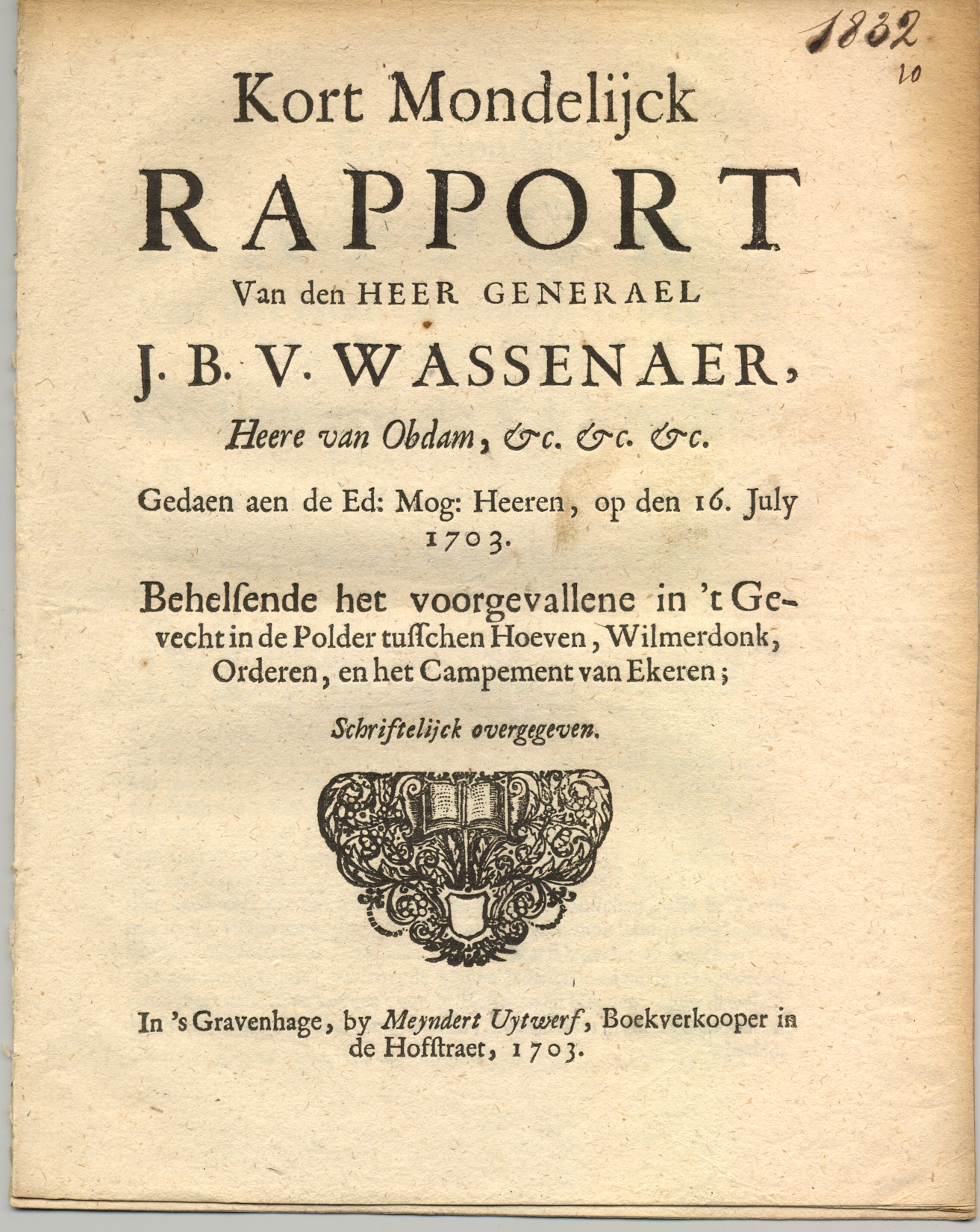 Pamflet met verslag over het gevecht bij Antwerpen, 1703.