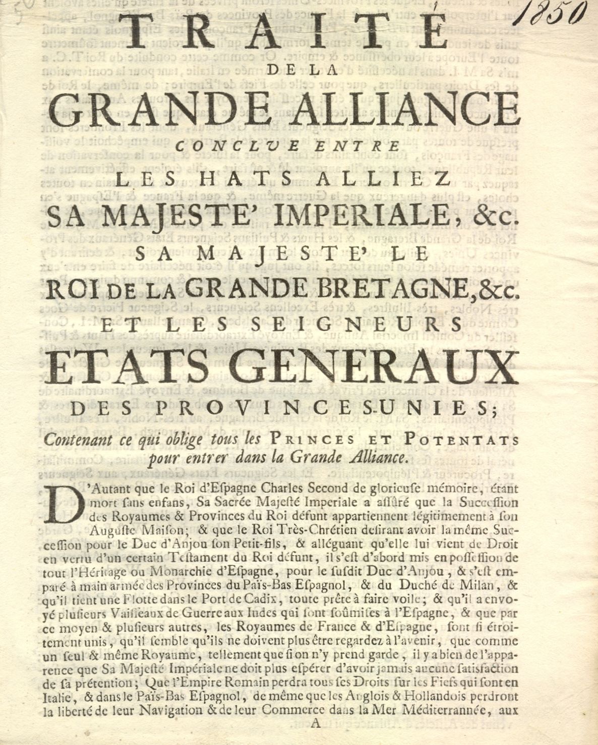 Pamflet over de geallieerden tegen koning Lodewijk XIV van Frankrijk, 1709. 