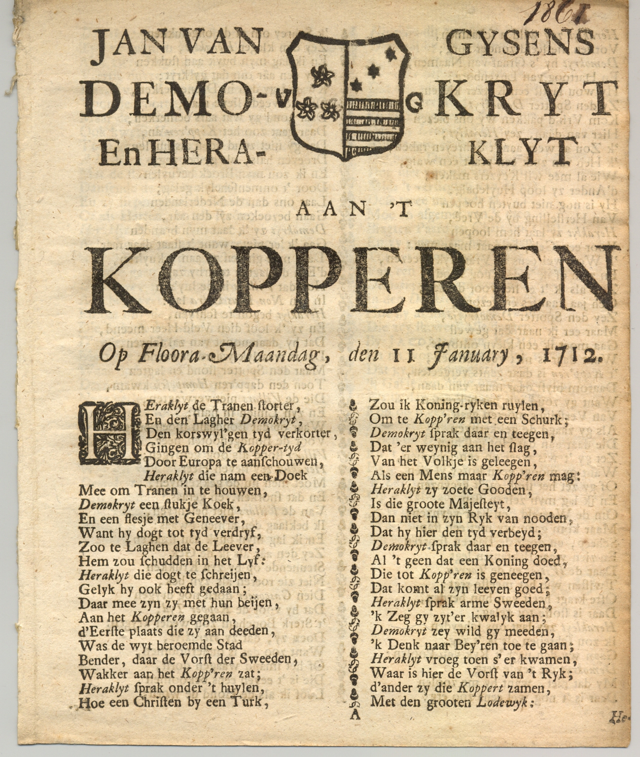 Pamflet met dialoog in de vorm van een Koppermaandagprent, 1712.