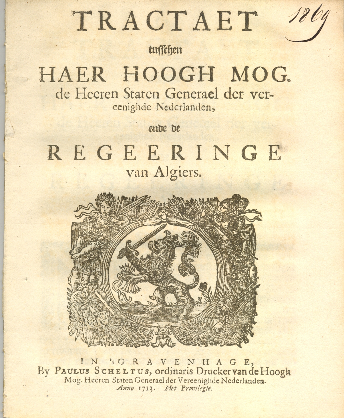 Pamflet met het verdrag tussen de Republiek en Algiers, 1713.