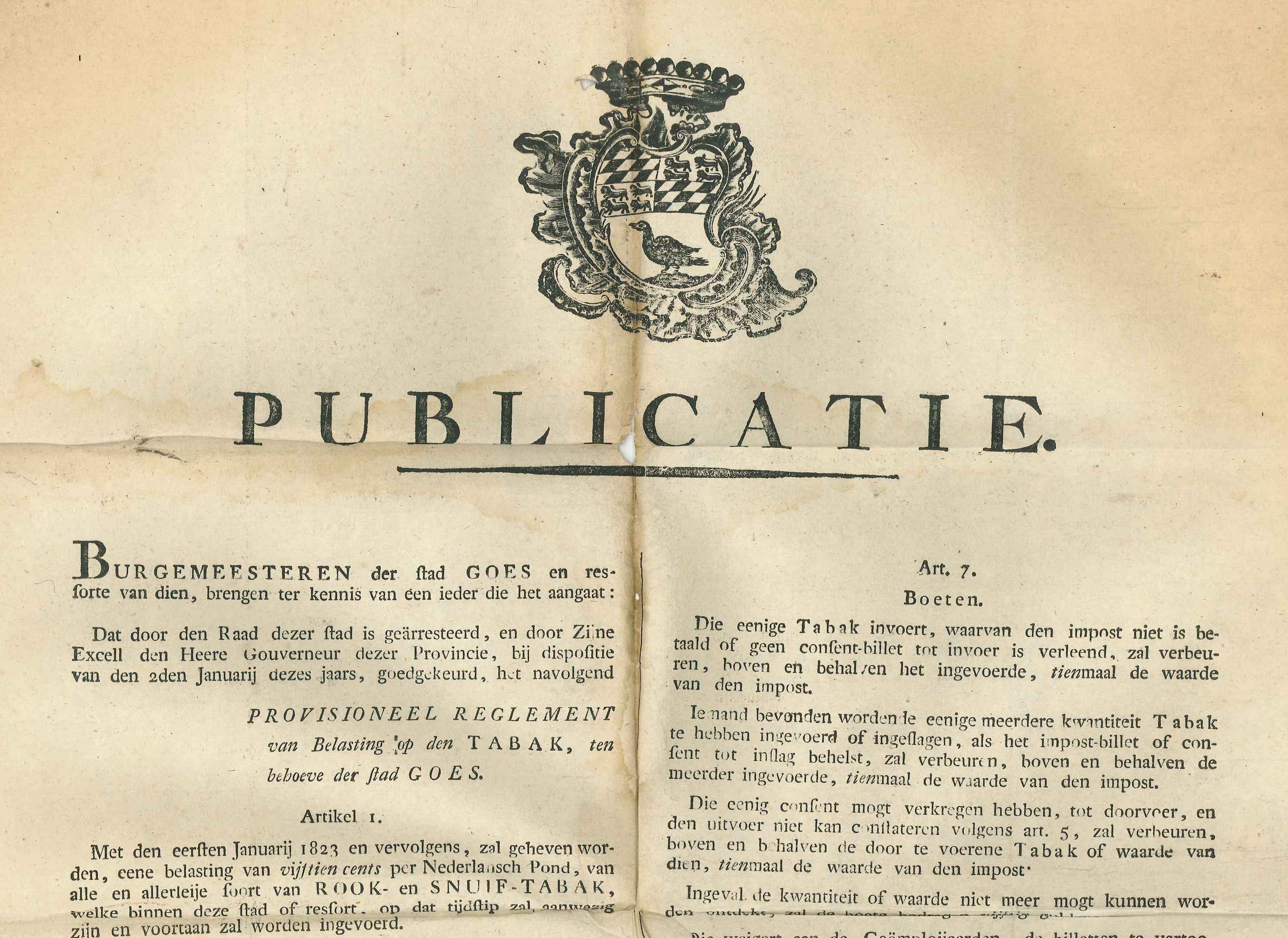 Aanhef van een publicatie van een belasting op tabak, 1823. GAG.ASG.inv.nr. 1308.