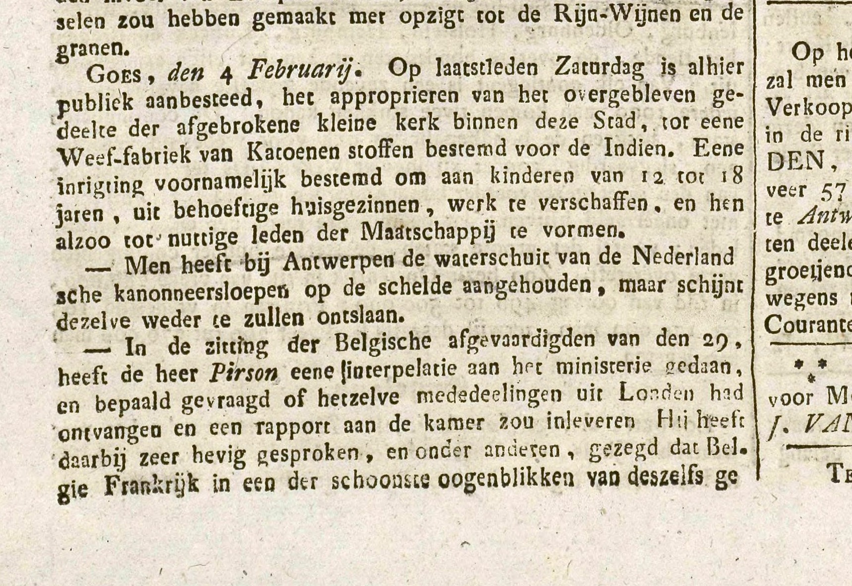  Aankondiging over de inrichting van een weeffabriek aan de Oostwal te Goes, Goessche Courant 4 februari 1839.