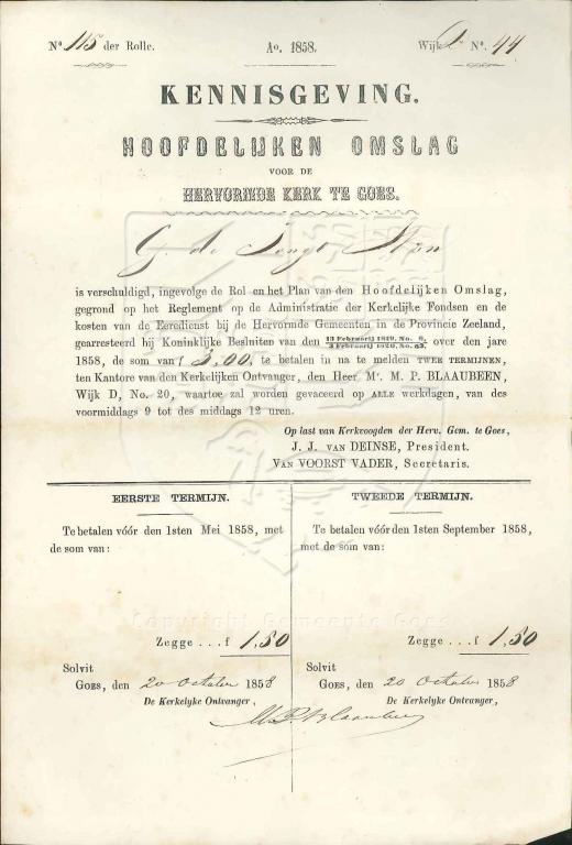 Aanslag voor de kerkelijke hoofdelijke omslag voor G. de Jonge Wzn, 1858. GAG.HSV.inv.nr. 315.