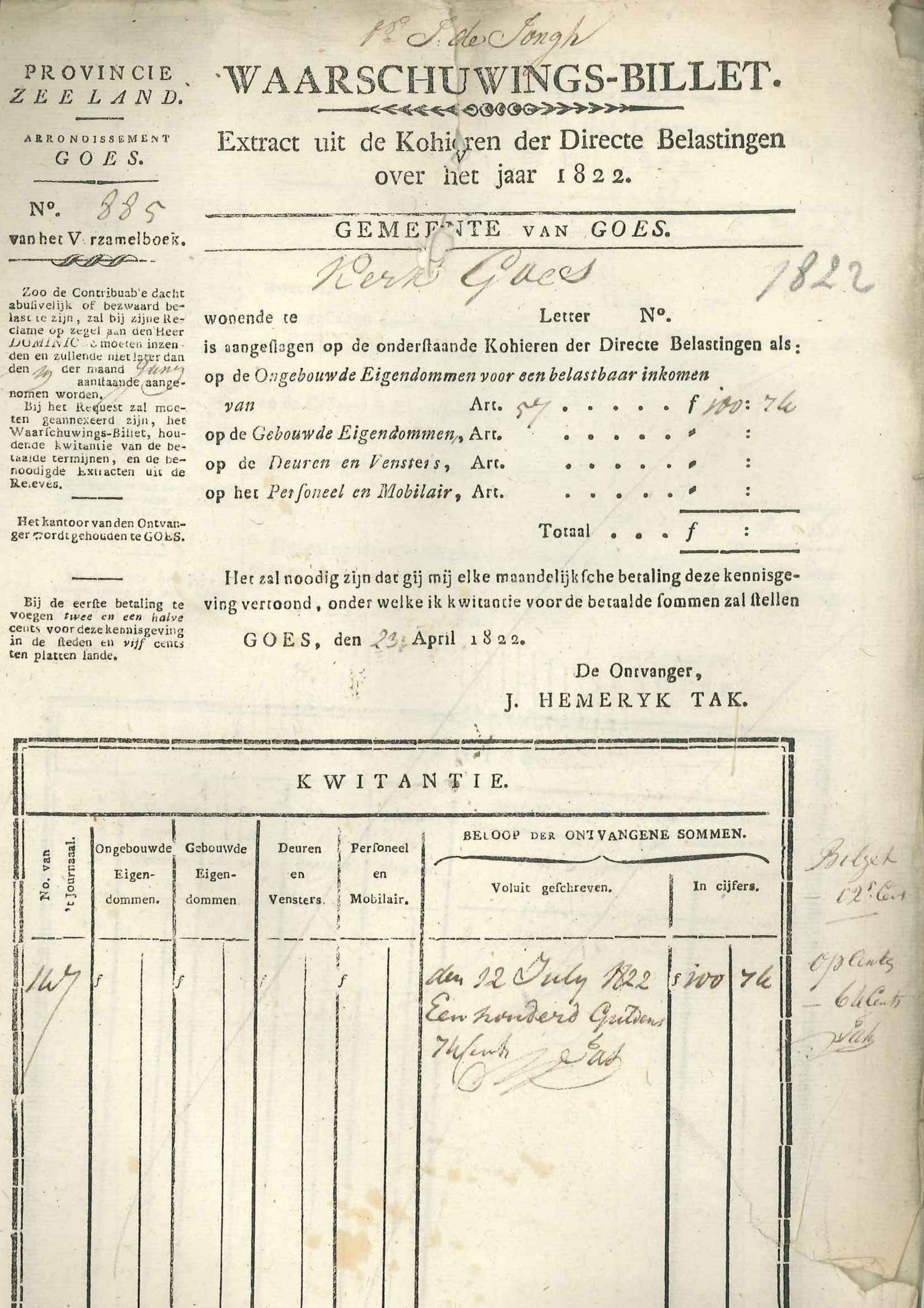 Aanslagbiljet voor de belasting op onroerend goed, 1822. GAG.Arch.herv.kerk, inv.nr. 815.