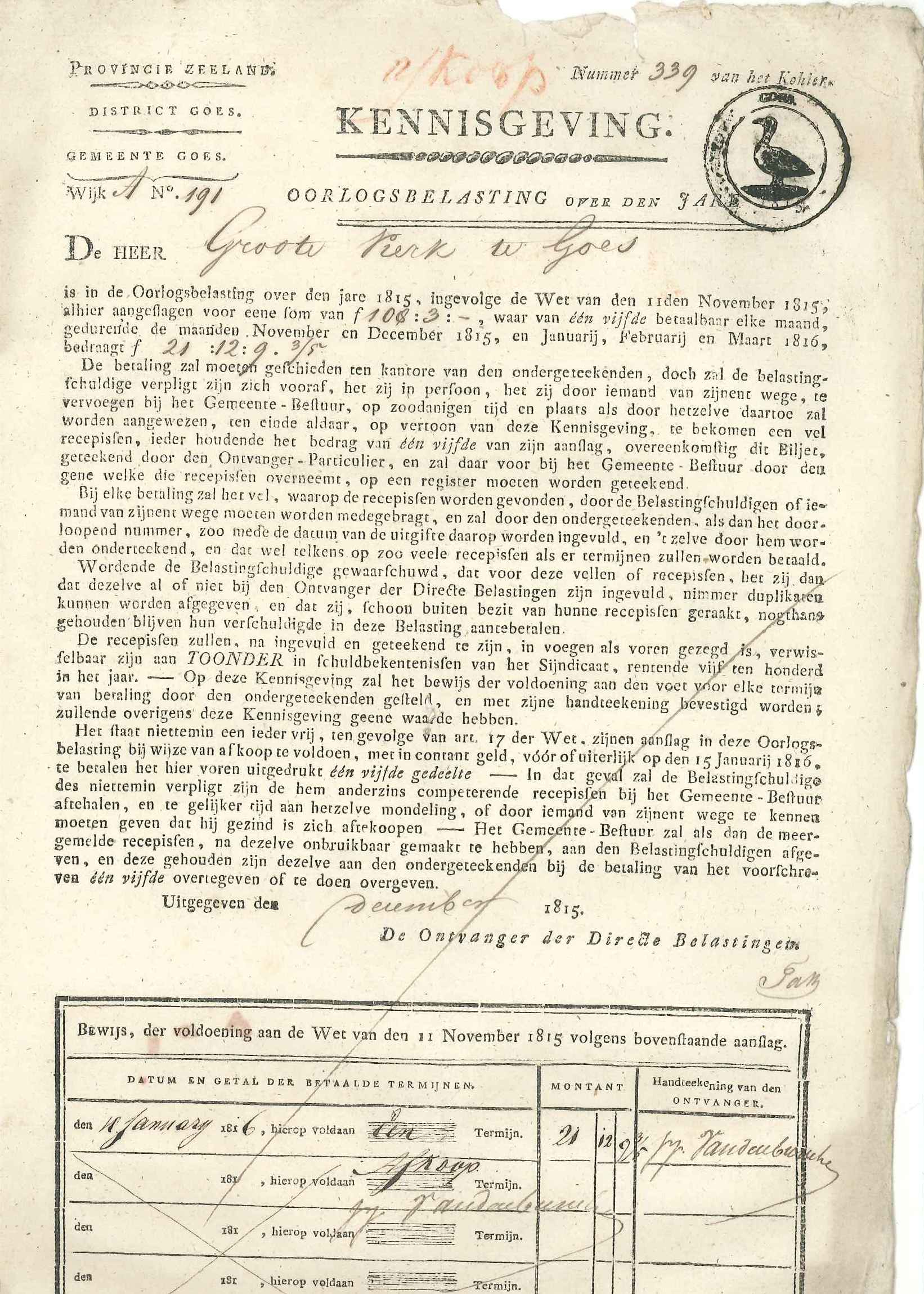 Aanslagbiljet voor de oorlogsbelasting voor de hervormde kerk, 1815.