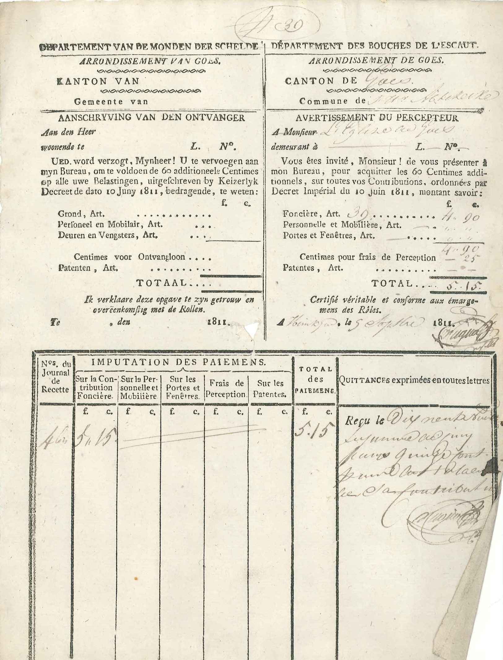 Aanslagbiljet voor onroerend goedbelasting in 's-Heer Abtskerke, 1811.