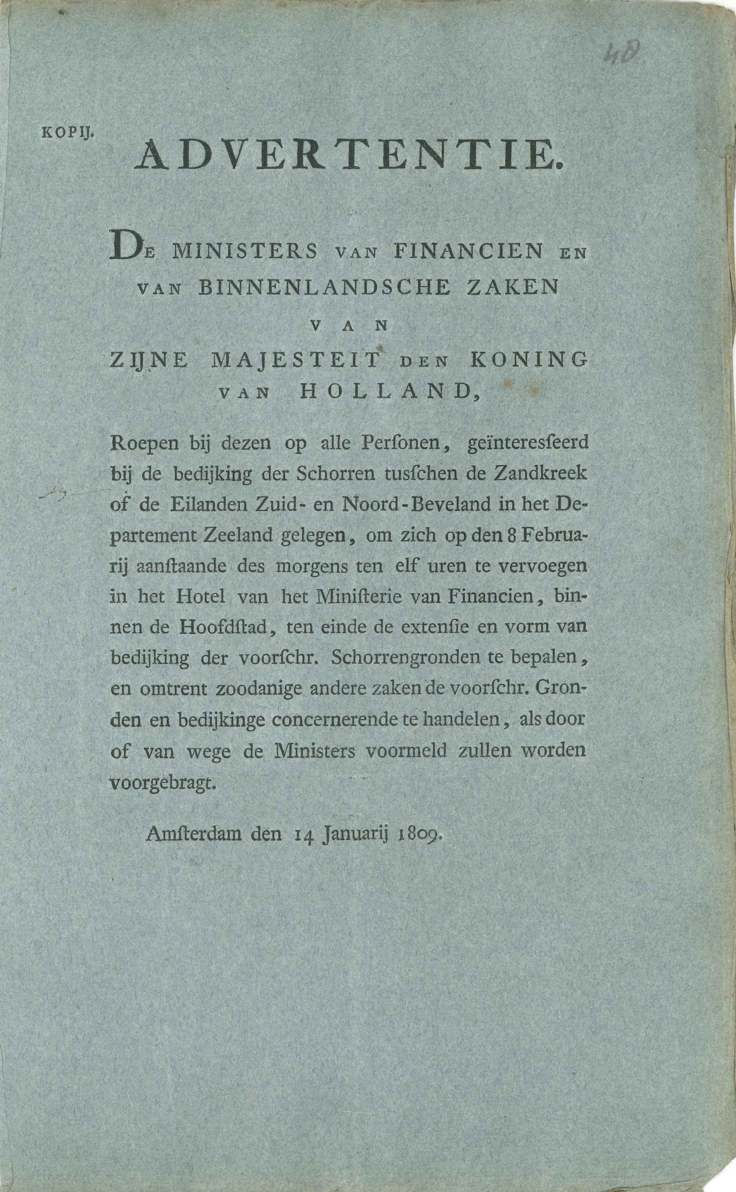 Advertentie over de bedijking van de latere Wilhelminapolder, 1809.