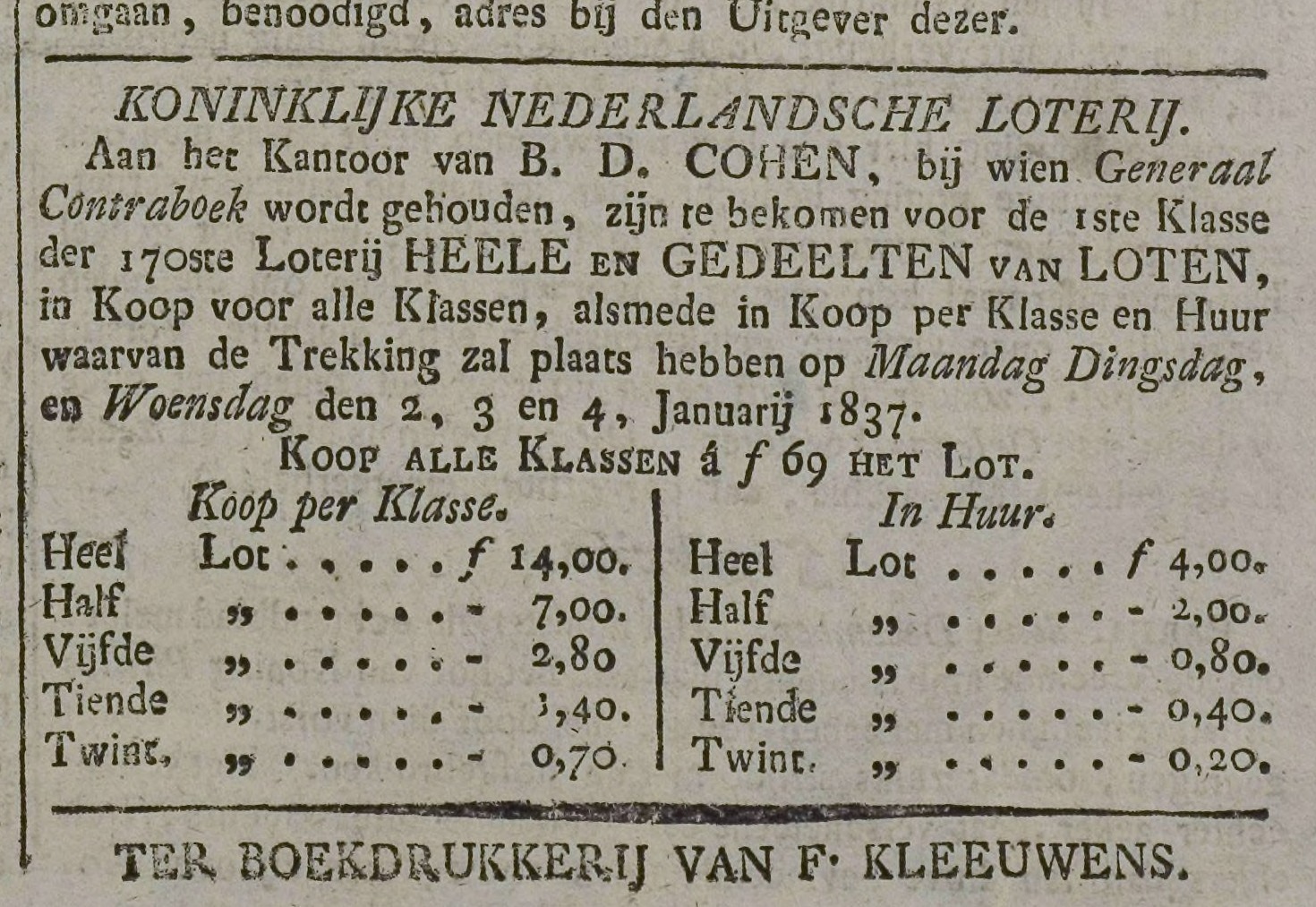 Advertentie van B.D. Cohen, een van de leiders van de Joodse gemeente te Goes. Goessche Courant 12 december 1836.