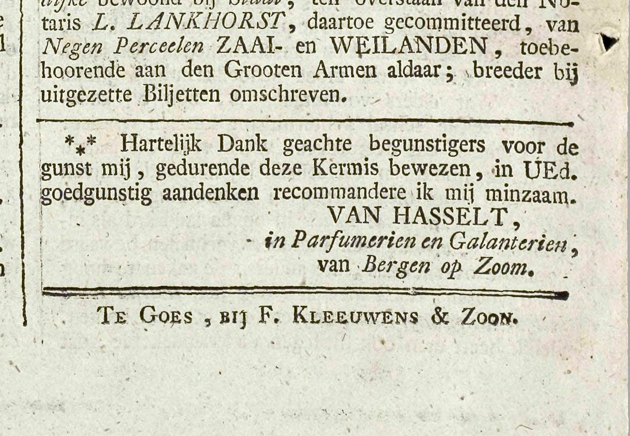 Advertentie van kermisexploitant Van Hasselt, Goessche Courant 9 september 1841.