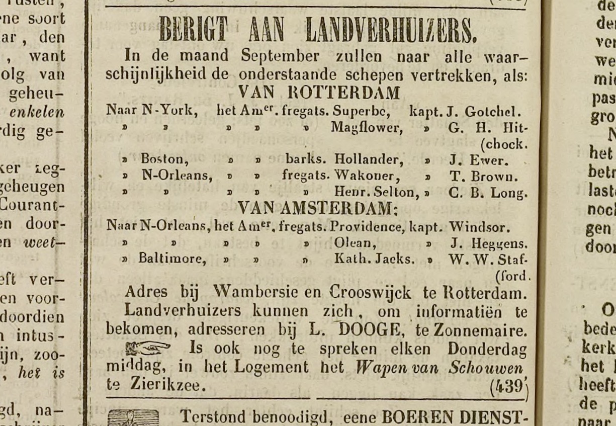 Advertentie voor emigratie, Zierikzeese Nieuwsbode 3 september 1846.