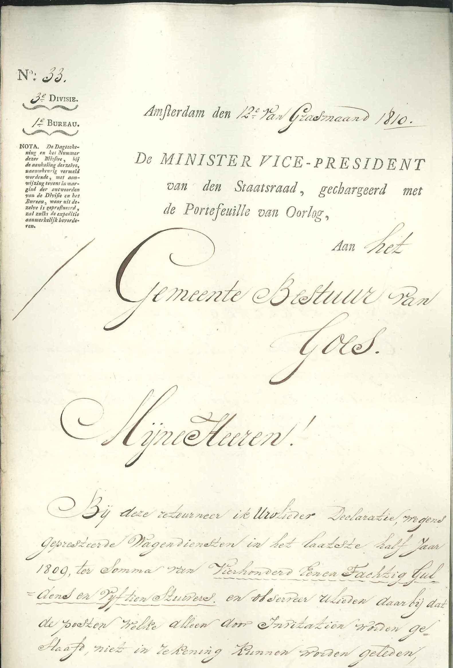 Afwijzing van de declaratie voor wagendiensten, 1810.