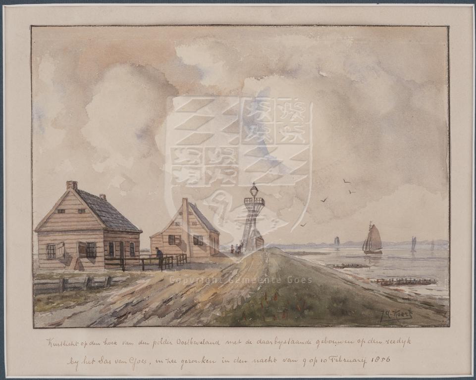 Aquarel van het kustlicht op de kop van de Wilhelminapolder, in 1856 bij een dijkval verdwenen, J.Q. Koert 1873. GAG.HTA.
