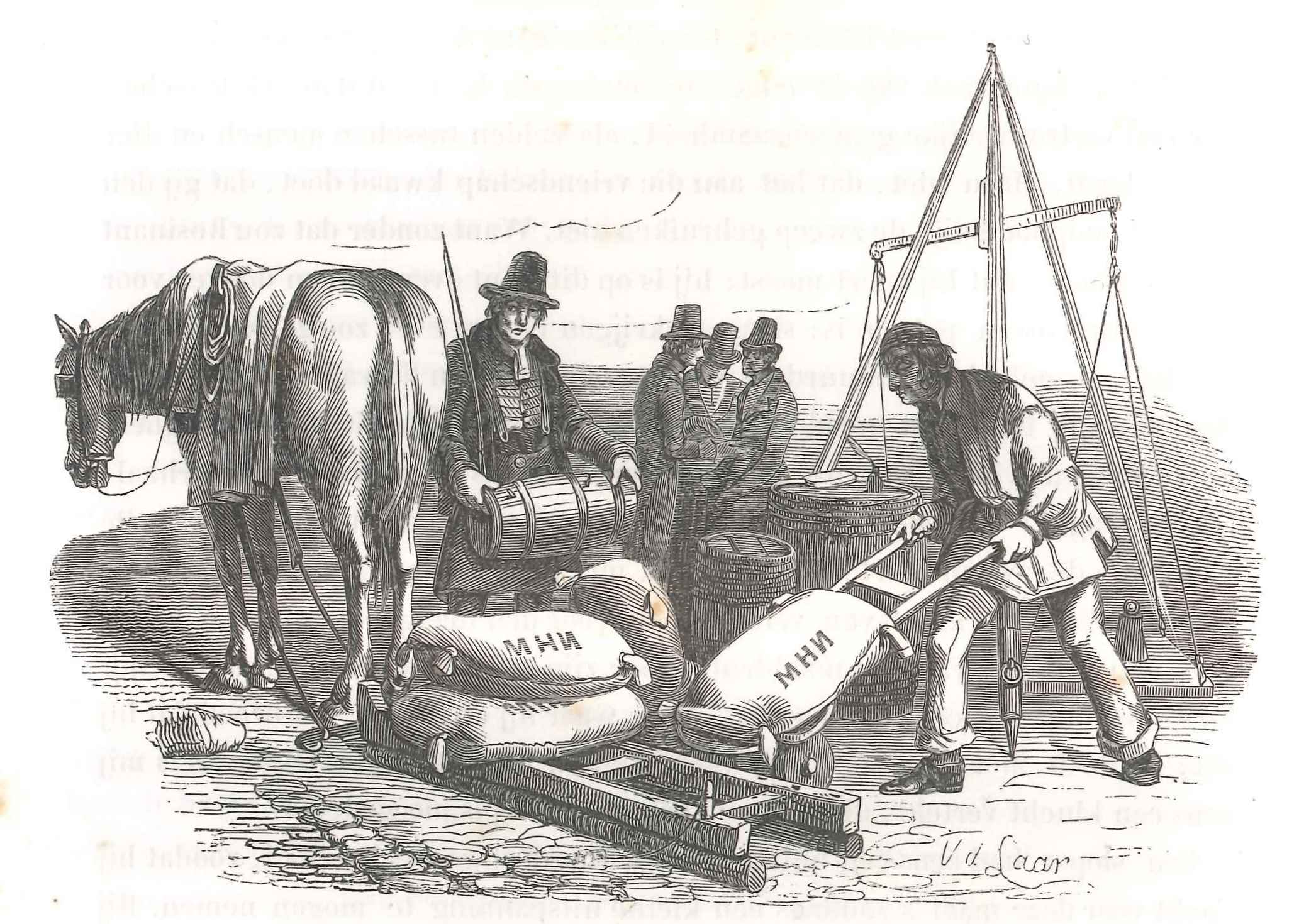 Arbeiders vervoeren koopwaar op de markt. 'Karakterschetsen', 1841. HMDB.