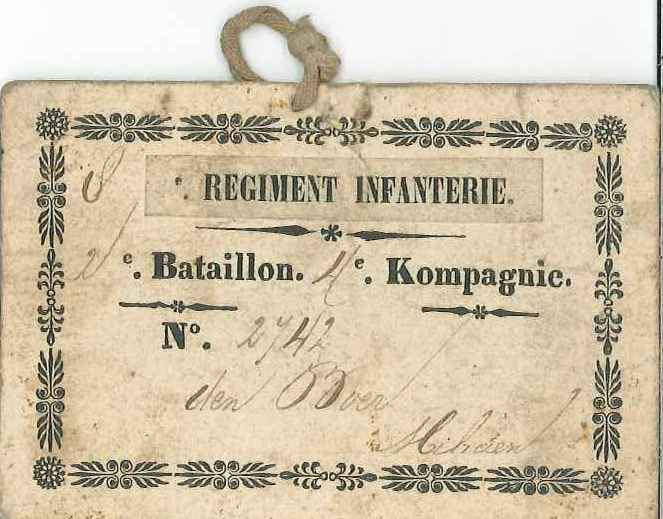  Bagagekaartje van fuselier Benjamin den Boer, 1852. GAG.Hsv.inv.nr. 490.